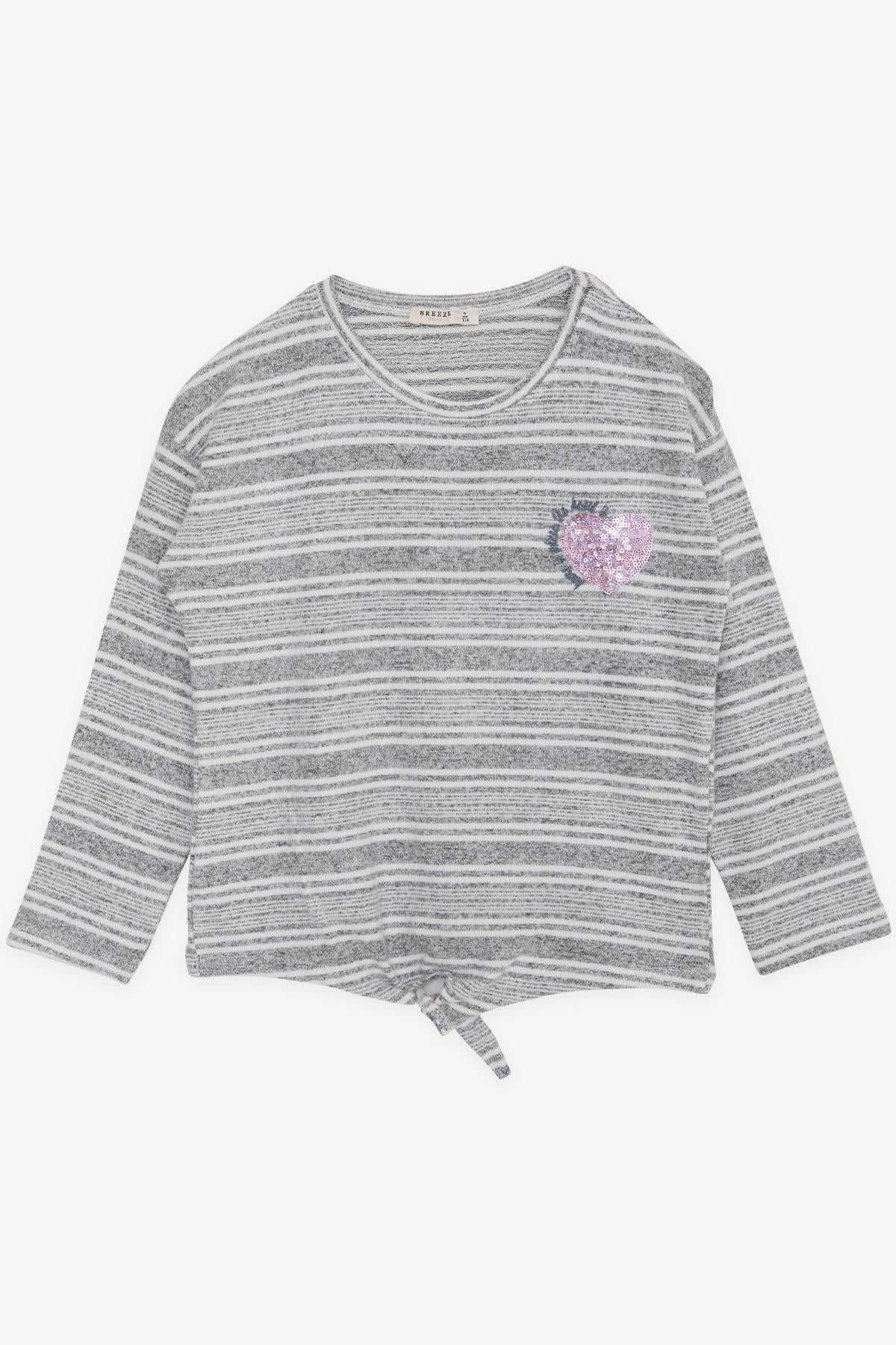 Breeze Kız Çocuk Triko Kazak Pullu Kalp Baskılı Yazı Nakışlı Gri Melanj (9-14 Yaş)