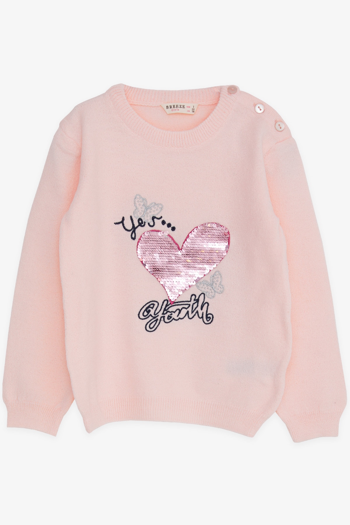 Breeze Kız Çocuk Triko Kazak Pullu Kalp Baskılı Pudra (1.5-5 Yaş)
