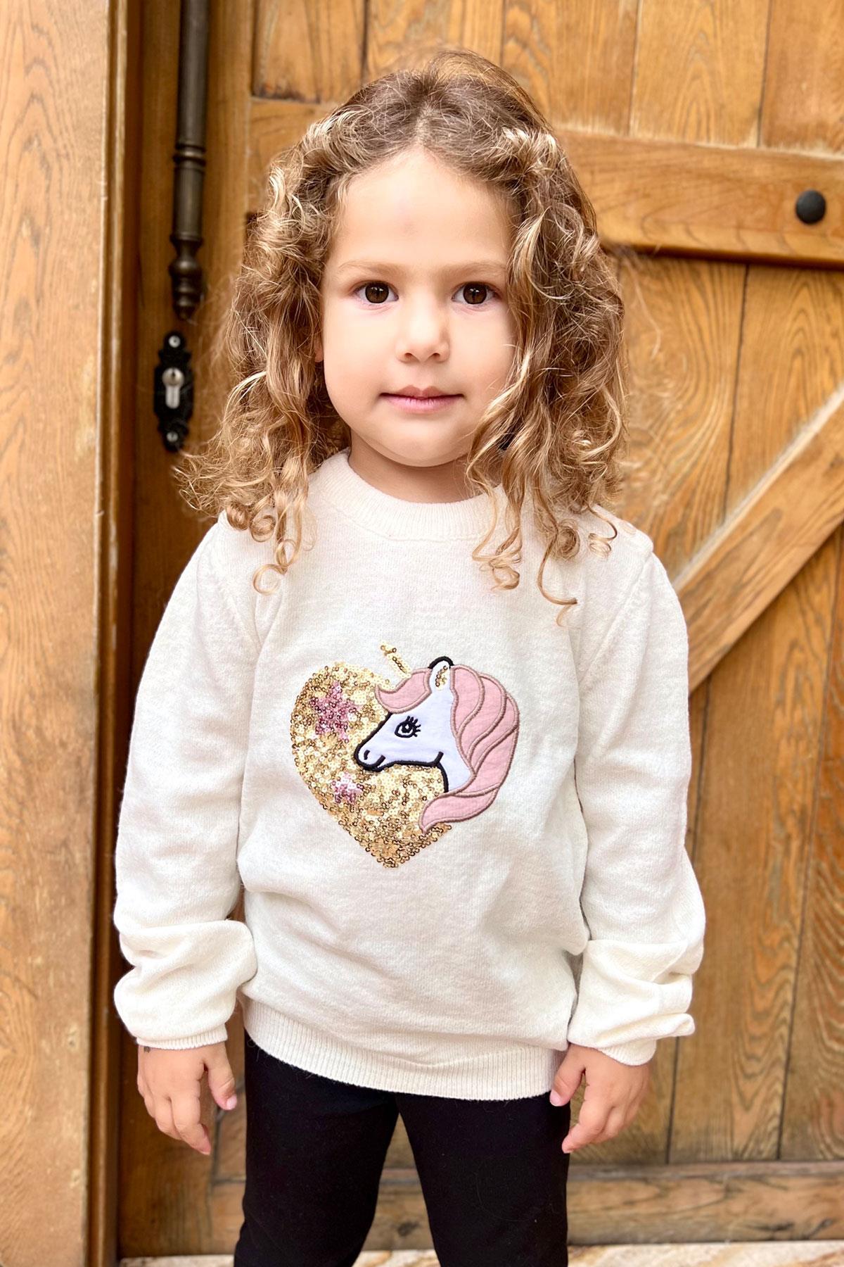 Breeze Kız Çocuk Triko Kazak Pullu Unicorn Baskılı Ekru (1.5-5 Yaş)