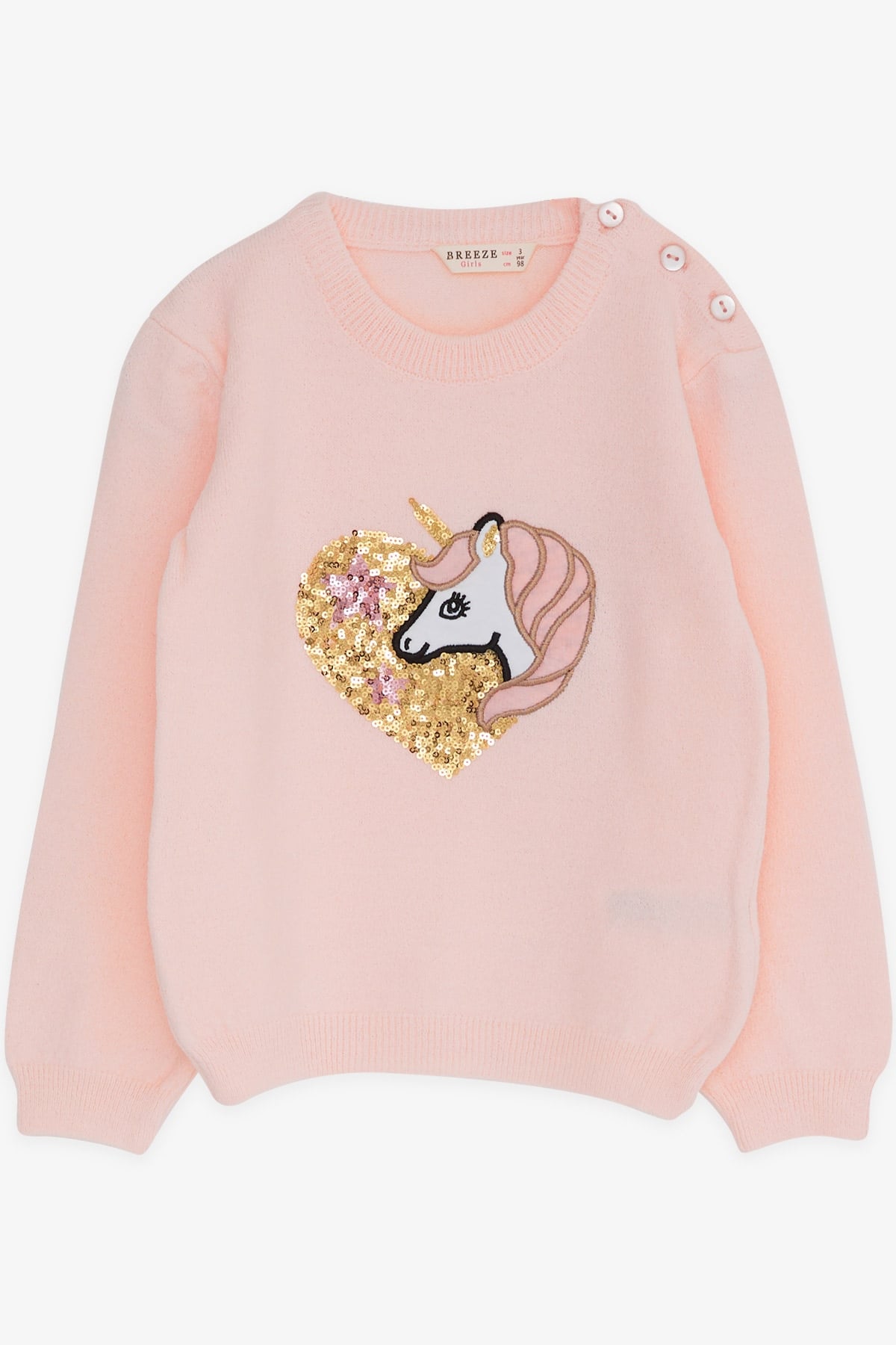 Breeze Kız Çocuk Triko Kazak Pullu Unicorn Baskılı Pudra (1.5-5 Yaş)