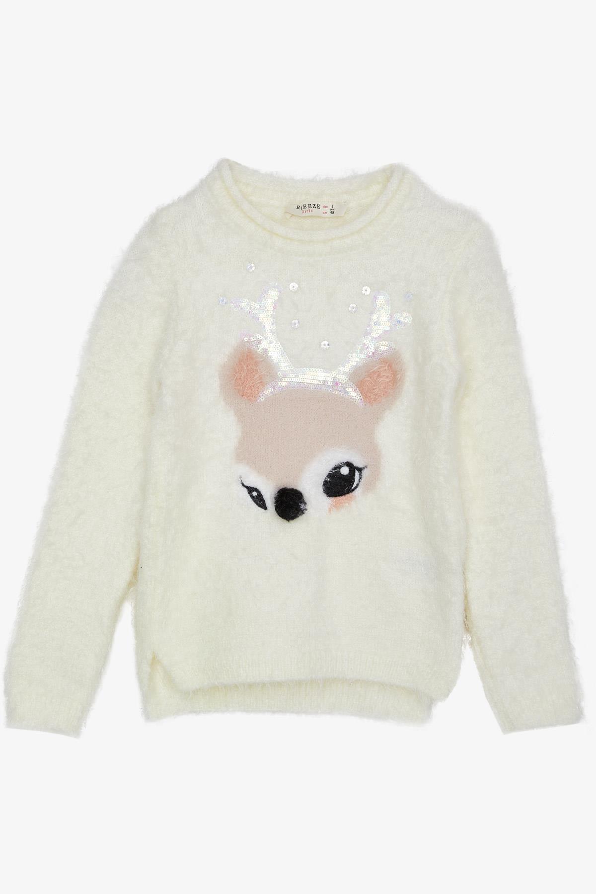 Breeze Kız Çocuk Triko Kazak Sevimli Ceylancık Baskılı Krem (3-8 Yaş)