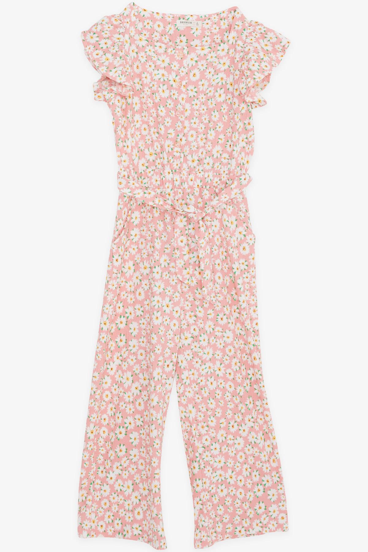 Breeze Kız Çocuk Tulum Çiçek Desenli Düğmeli Cepli Somon (6-12 Yaş)