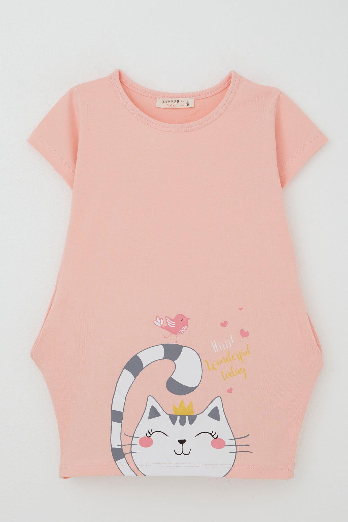 Breeze Kız Çocuk Tunik Elbise Dostluk Temalı Prenses Kedicik Baskılı Somon (1.5-5 Yaş)