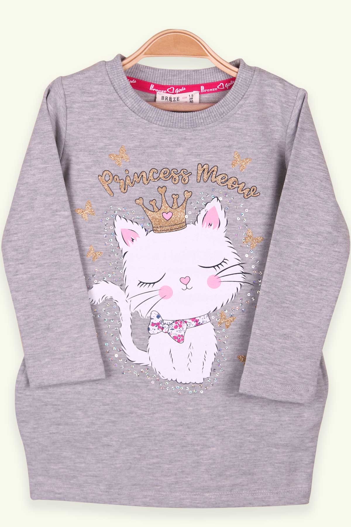 Breeze Kız Çocuk Tunik Kedi Baskılı Simli Gri (1.5-5 Yaş)