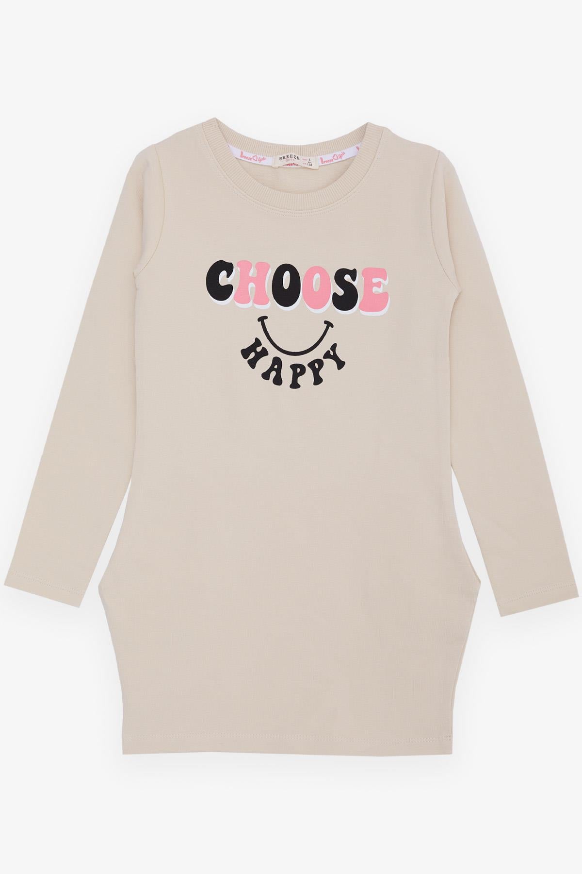Breeze Kız Çocuk Tunik Mutluluk Temalı Yazı Baskılı Bej (8-12 Yaş)