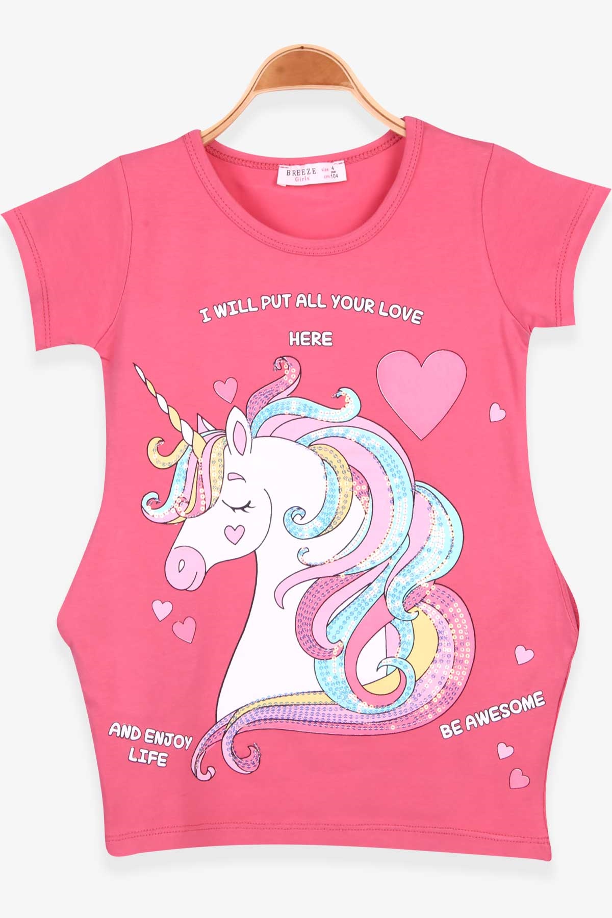 Breeze Kız Çocuk Tunik Pullu Unicorn Baskılı Kiremit (4-8 Yaş)