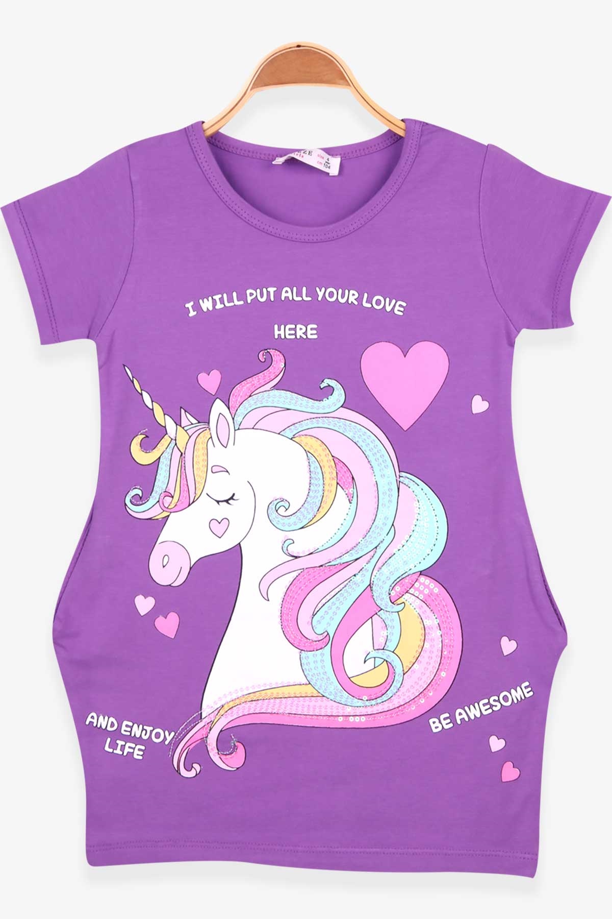 Breeze Kız Çocuk Tunik Pullu Unicorn Baskılı Mor (4-8 Yaş)