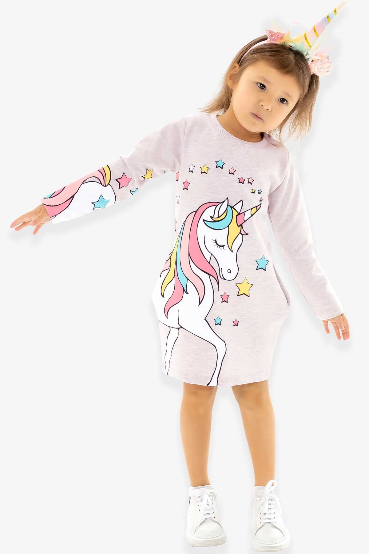 Breeze Kız Çocuk Tunik Unicorn Baskılı Bej Melanj (3-5 Yaş)