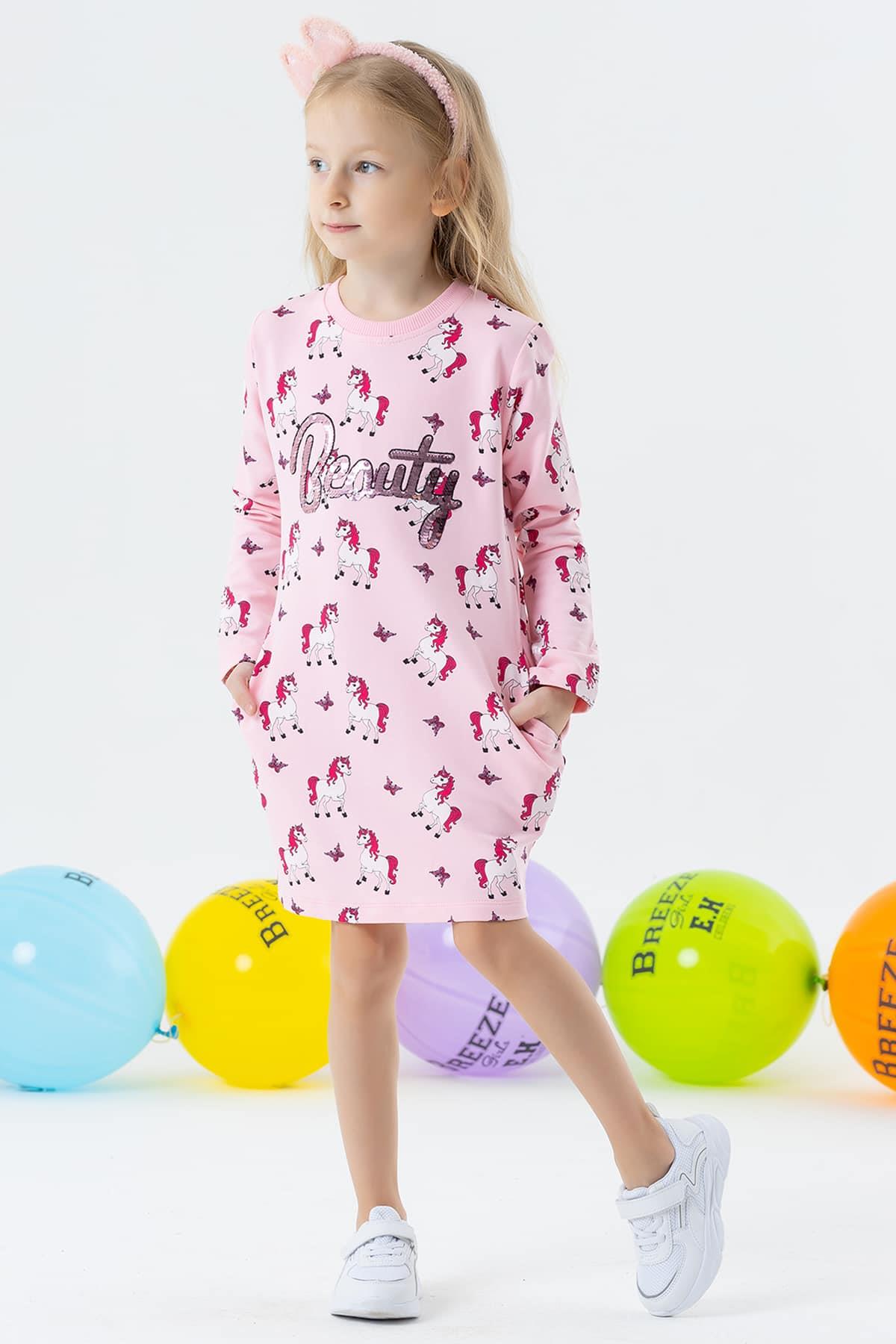 Breeze Kız Çocuk Tunik Unicorn Desenli Pudra (4 Yaş)
