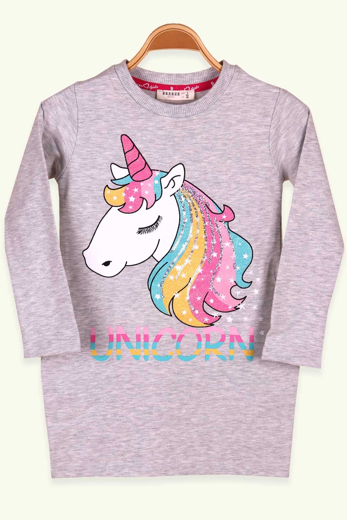 Breeze Kız Çocuk Tunik Unicornlu Pullu Açık Gri (3-8 Yaş)