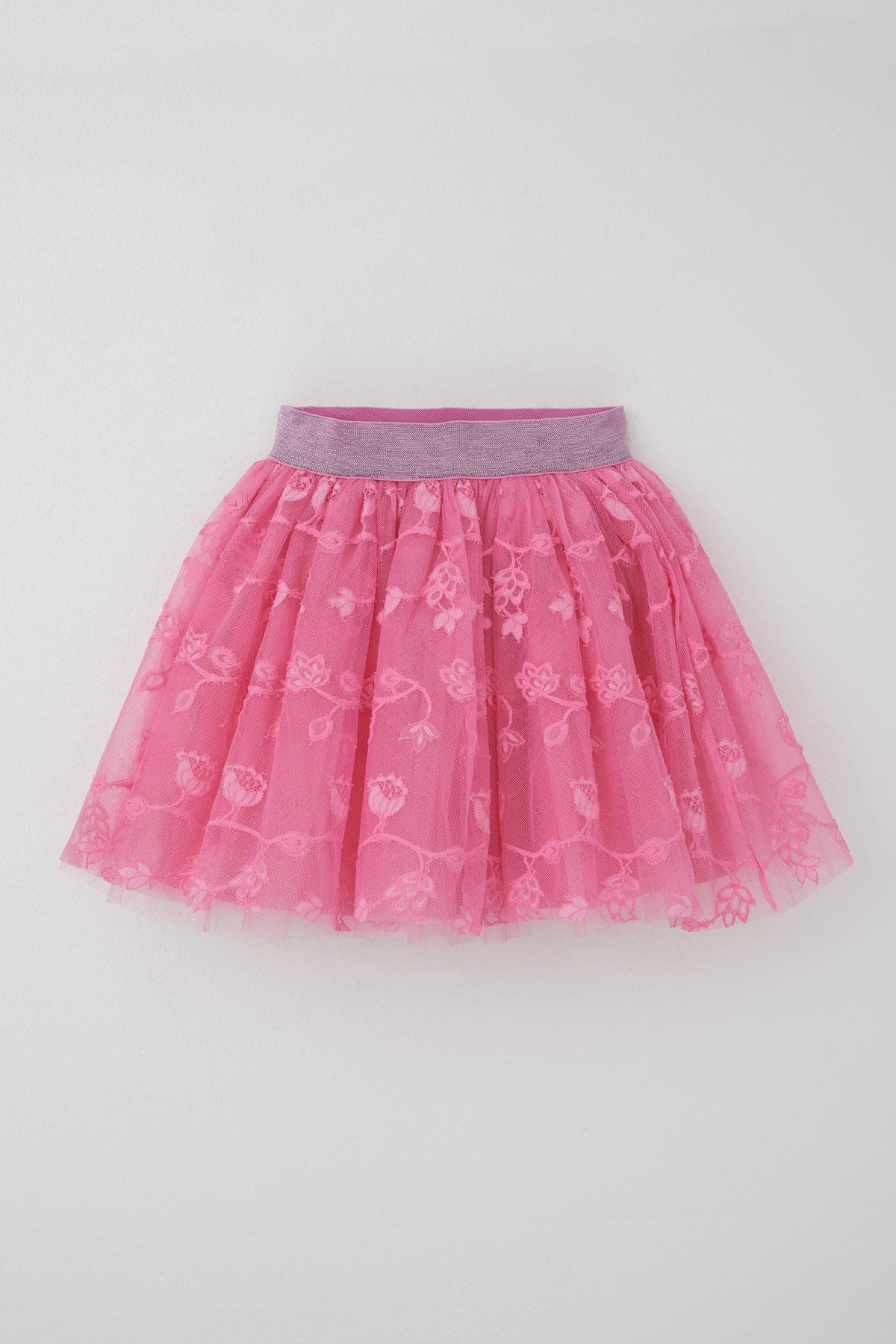 Breeze Kız Çocuk Tütü Etek Çiçek Nakışlı Beli Lastikli Simli Pembe (5-10 Yaş)