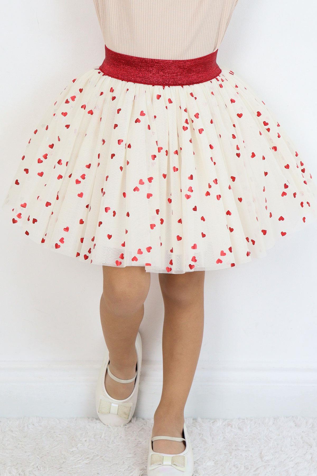 Breeze Kız Çocuk Tütü Etek Simli Kalp Desenli Beli Lastikli Ekru (5-10 Yaş)