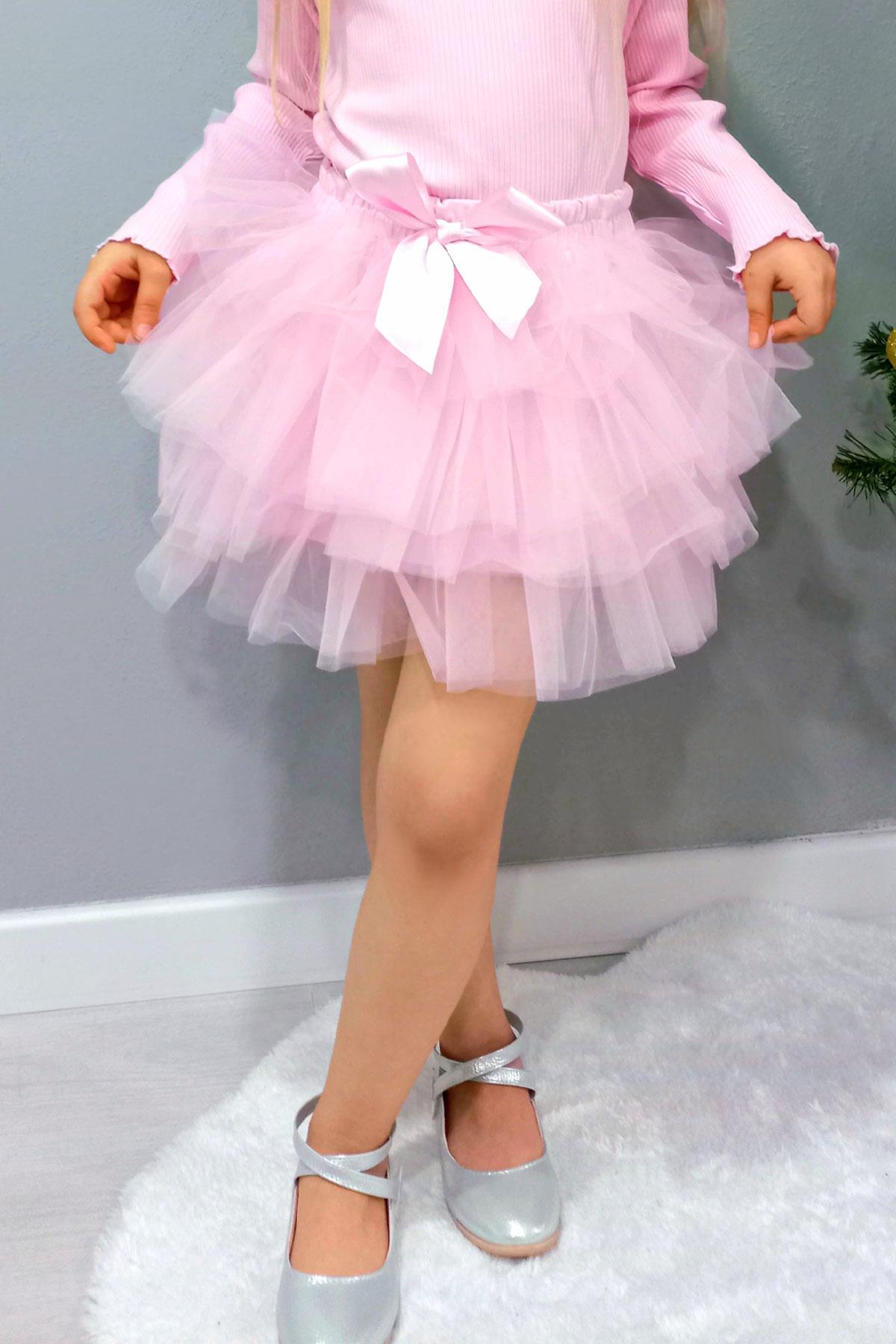 Breeze Kız Çocuk Tütü Etek Tül Detaylı Katlı Fiyonk Aksesuarlı Pembe (4-8 Yaş)