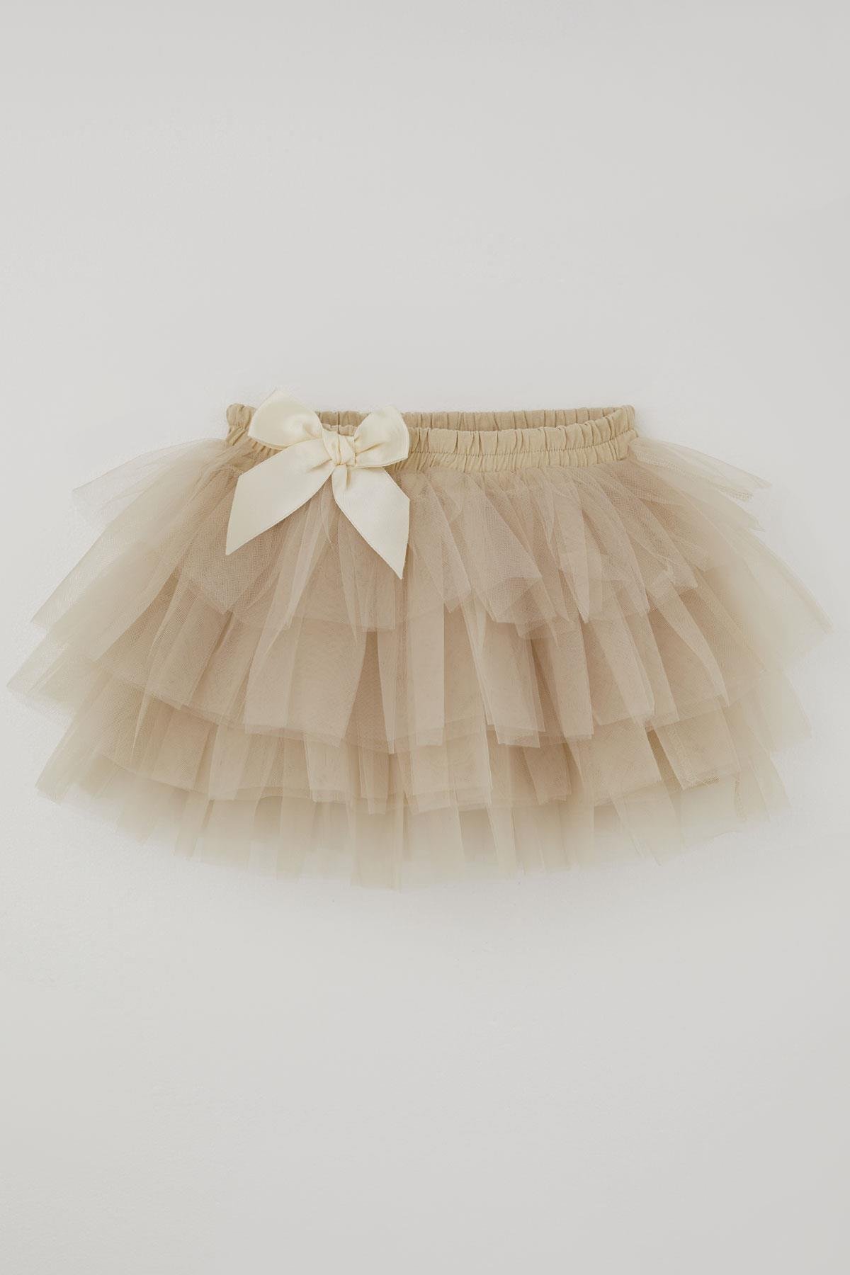 Breeze Kız Çocuk Tütü Etek Tül Detaylı Katlı Fiyonk Aksesuarlı Bej (4-8 Yaş)