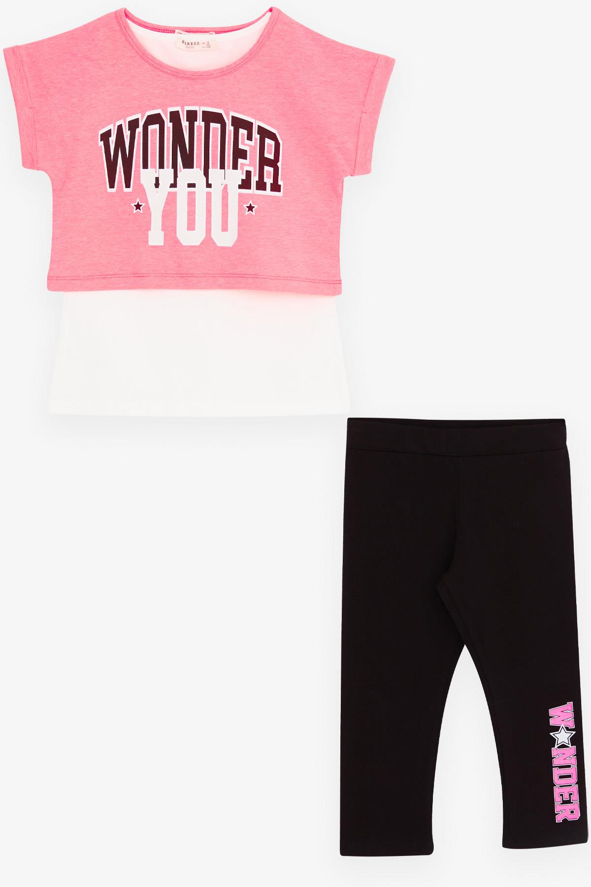 Breeze Kız Çocuk Üstü Crop 3 lü Kapri Taytlı Takım Neon Pembe (6-12 Yaş)