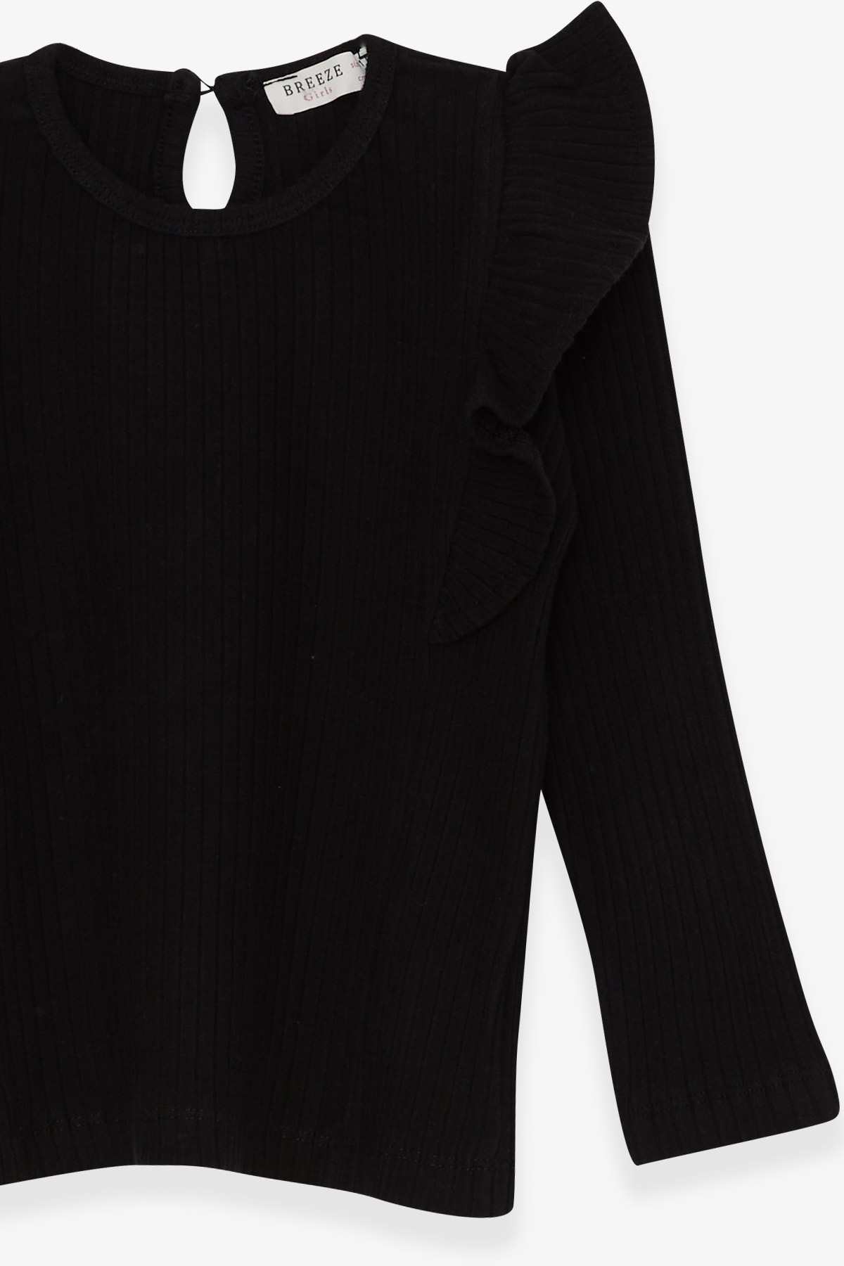 Kız Çocuk Uzun Kollu Bluz Omuzu Fırfırlı Siyah 1.5-5 Yaş - Pamuklu Modeller  | Breeze