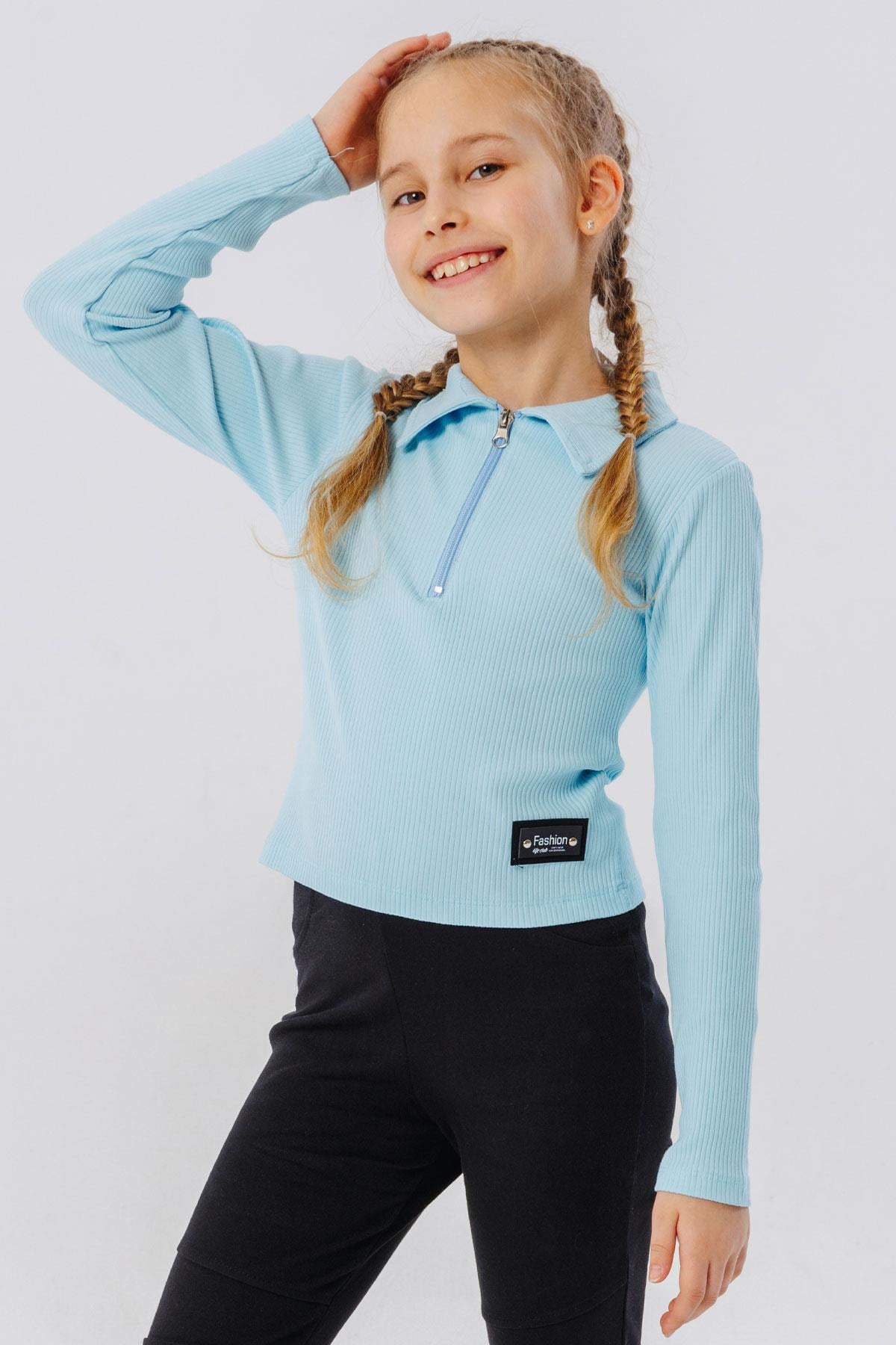 Breeze Kız Çocuk Uzun Kollu Crop Tişört Polo Yaka Yarım Fermuarlı Açık Mavi (8 Yaş)