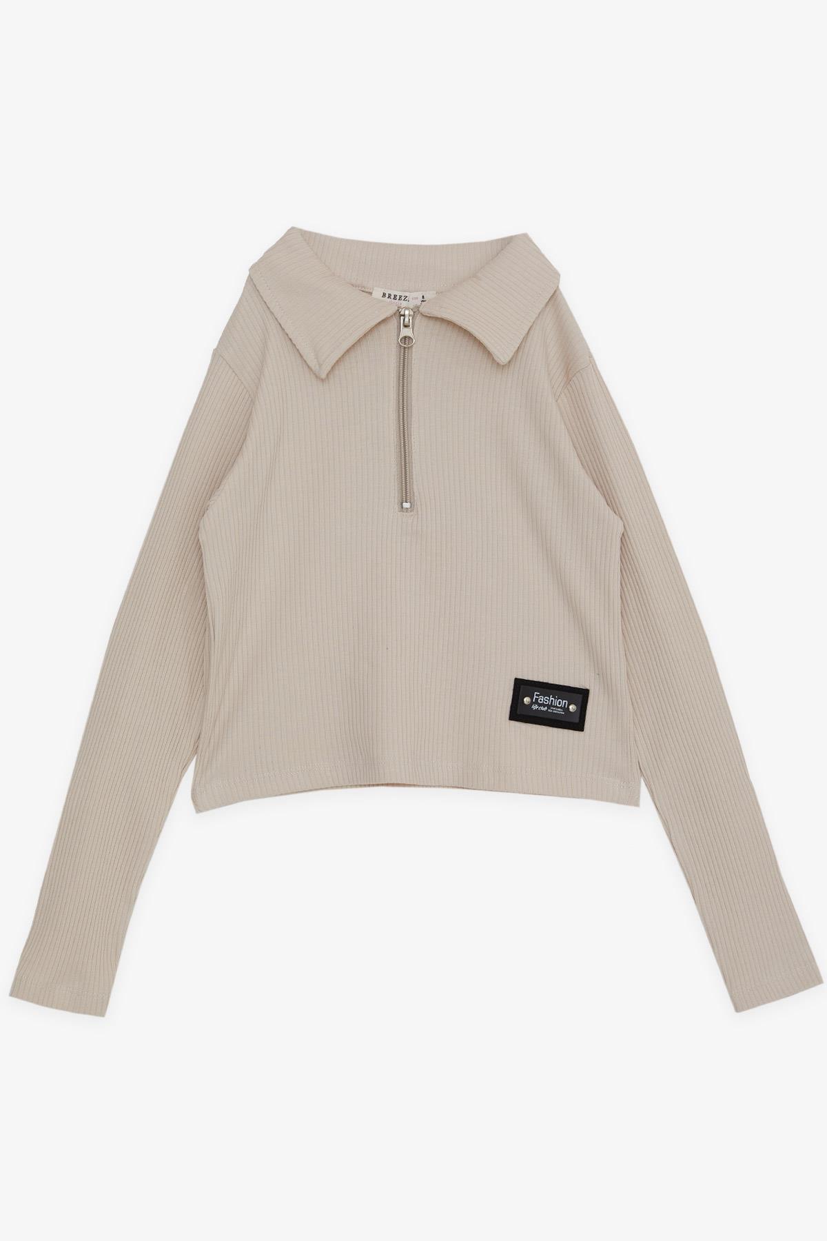 Breeze Kız Çocuk Uzun Kollu Crop Tişört Polo Yaka Yarım Fermuarlı Bej (8-14 Yaş)