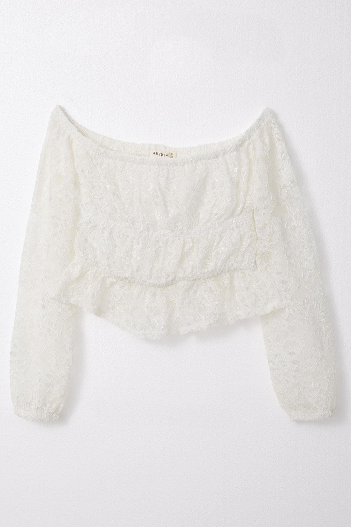 Breeze Kız Çocuk Uzun Kollu Dantelli Crop Bluz Ekru (9-14 Yaş)