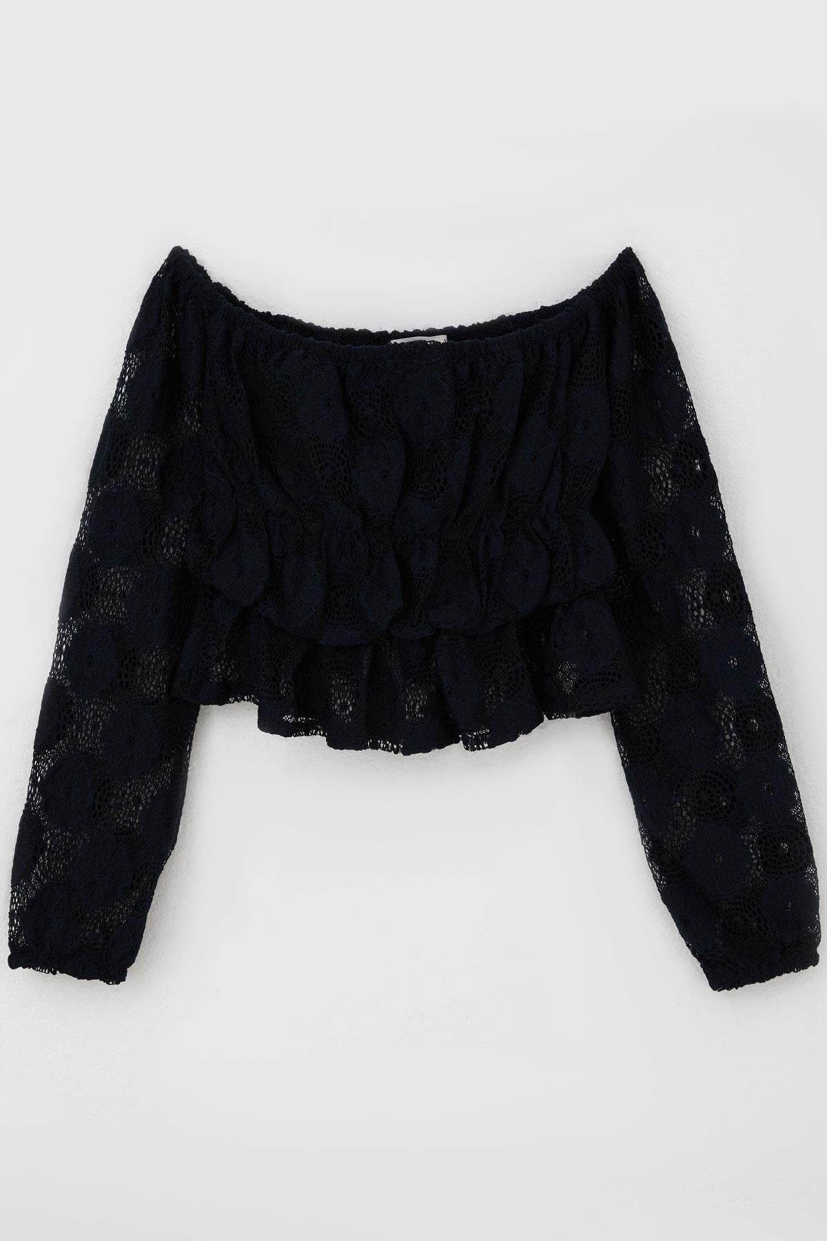 Breeze Kız Çocuk Uzun Kollu Dantelli Crop Bluz Çiçek Motifli Lacivert (9-14 Yaş)
