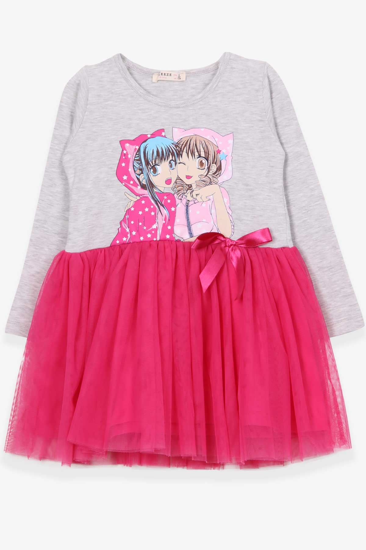 Breeze Kız Çocuk Uzun Kollu Elbise Anime Baskılı Açık Gri Melanj (4-9 Yaş)