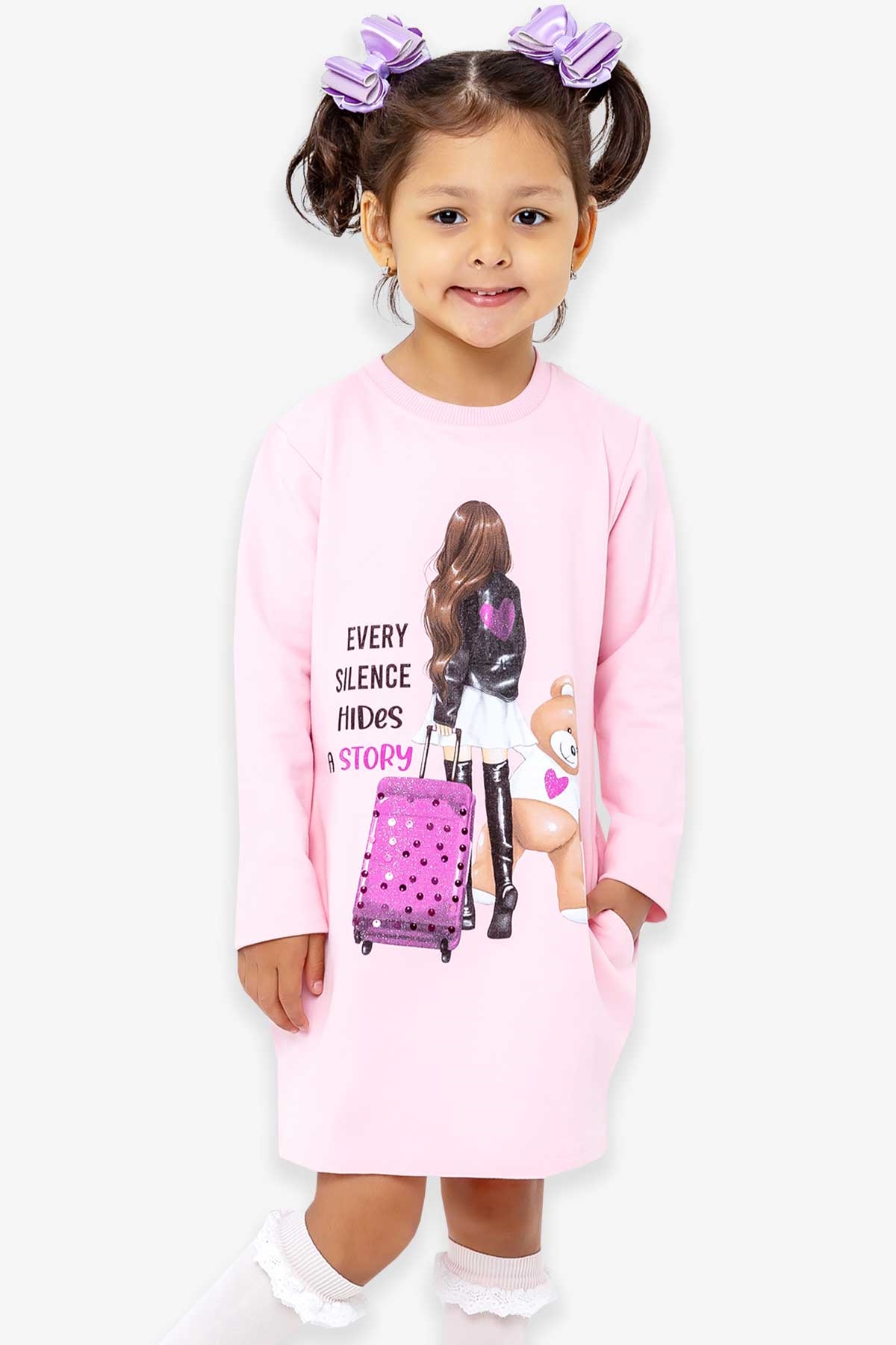 Breeze Kız Çocuk Uzun Kollu Elbise Baskılı Pullu Pudra (4-8 Yaş)