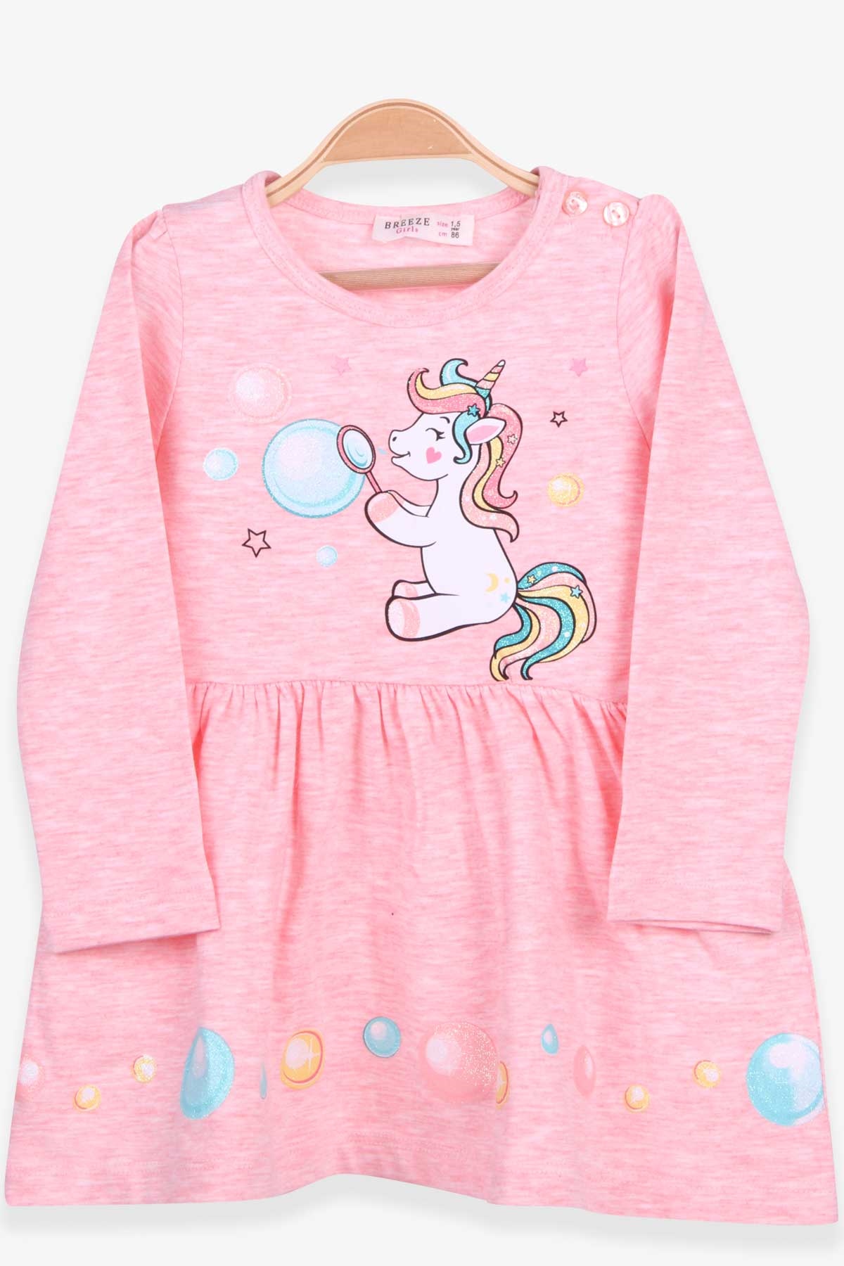 Breeze Kız Çocuk Uzun Kollu Elbise Baskılı Simli Unicorn Somon Melanj (1.5-5 Yaş)