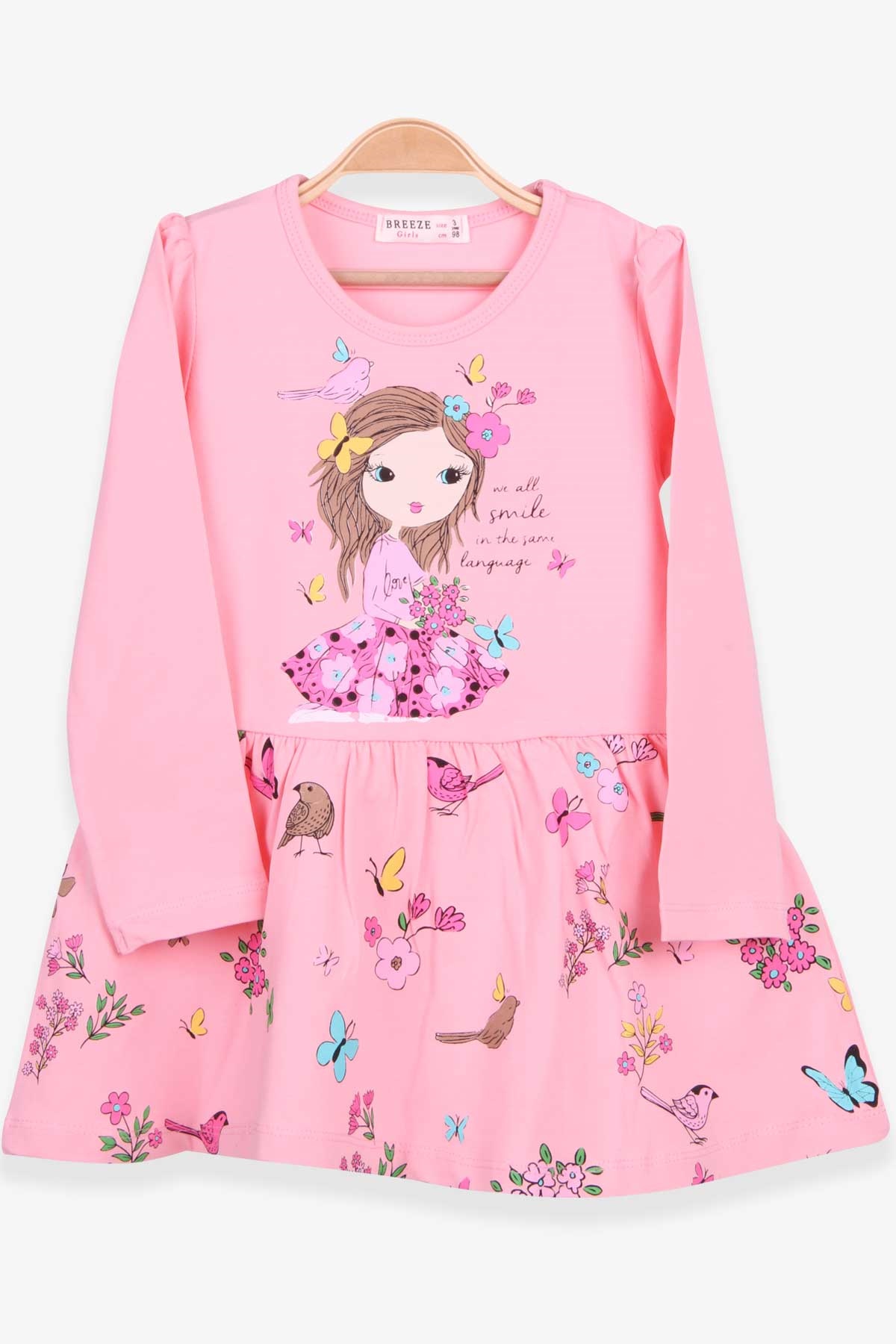 Breeze Kız Çocuk Uzun Kollu Elbise Baskı Desenli Pudra (3-7 Yaş)