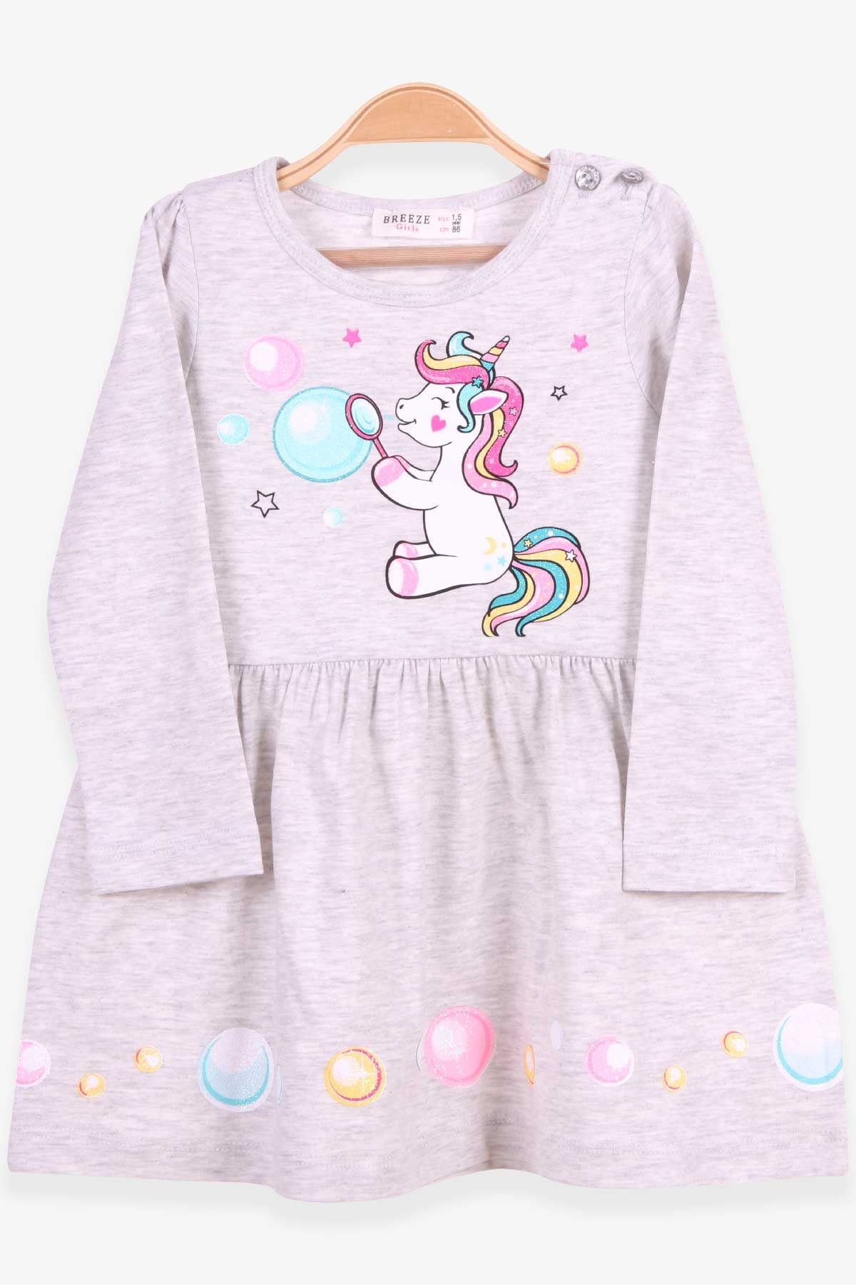 Breeze Kız Çocuk Uzun Kollu Elbise Baskılı Simli Unicorn Açık Gri Melanj (1.5-4 Yaş)