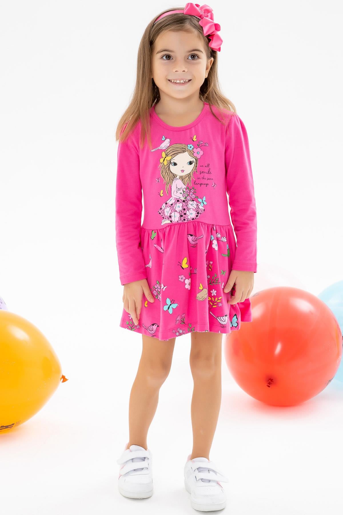 Breeze Kiz Çocuk Uzun Kollu Elbise Baski Desenli Pembe (4 Yaş)