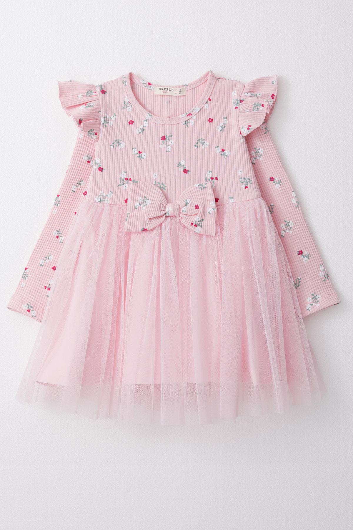 Breeze Kız Çocuk Uzun Kollu Elbise Çiçekli Fiyonklu Tüllü Pembe (1.5-5 Yaş)