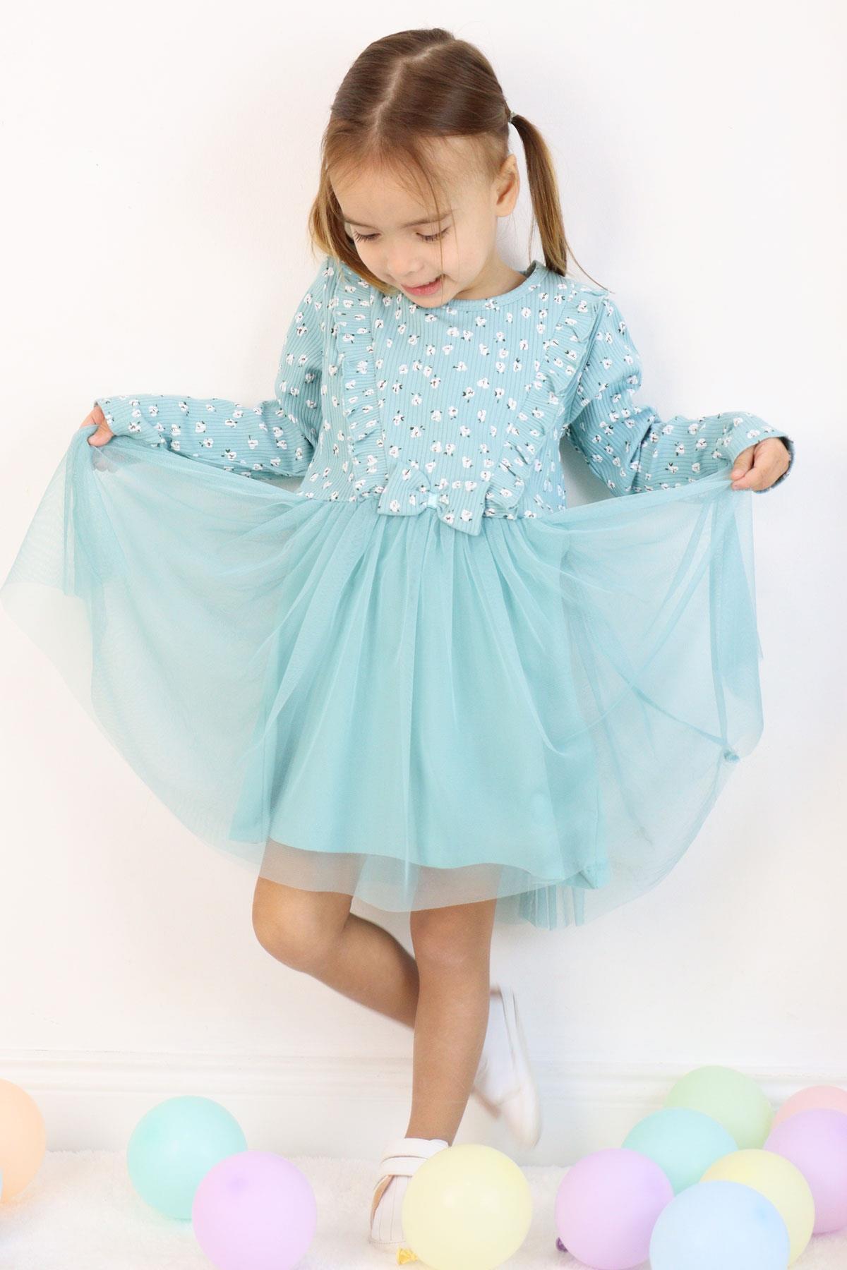 Breeze Kız Çocuk Uzun Kollu Elbise Çiçek Desenli Fırfırlı Fiyonklu Su Yeşili (3-5 Yaş)