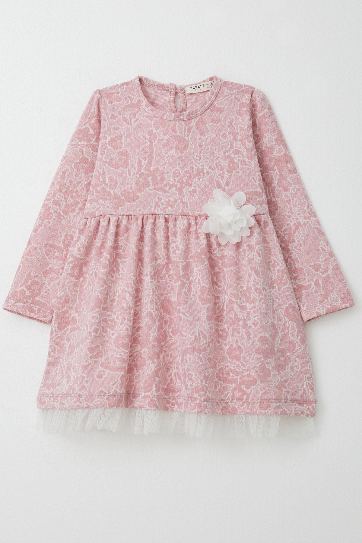 Breeze Kız Çocuk Uzun Kollu Elbise Çiçek Desenli Gülkurusu (3-7 Yaş)