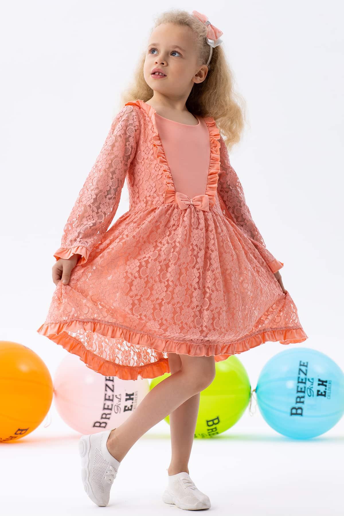 Kız Çocuk Uzun Kollu Elbise Dantelli Fiyonklu Somon 2-5 Yaş - Kışlık  Baharlık Elbiseler | Breeze