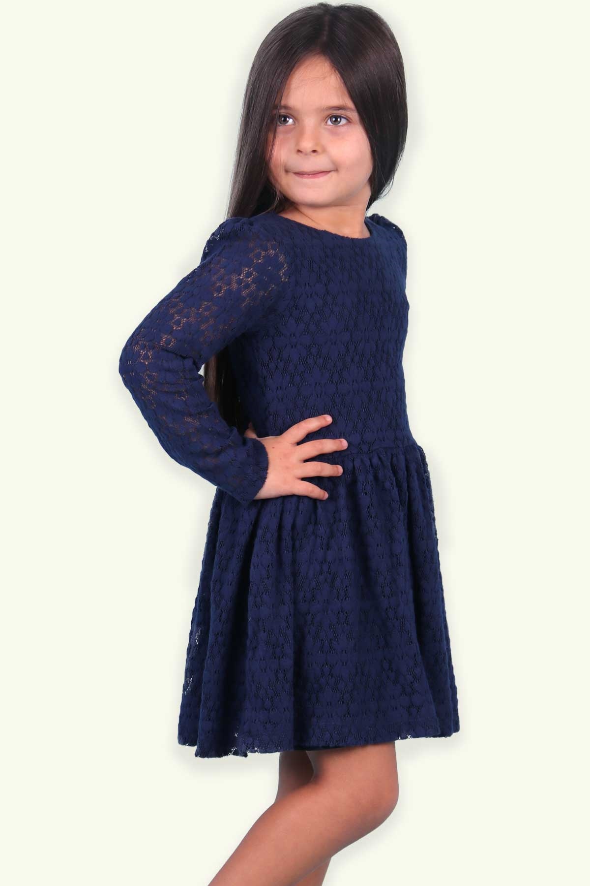 Dantelli Lacivert 5-10 Yaş - Kız Çocuk Uzun Kollu Elbise