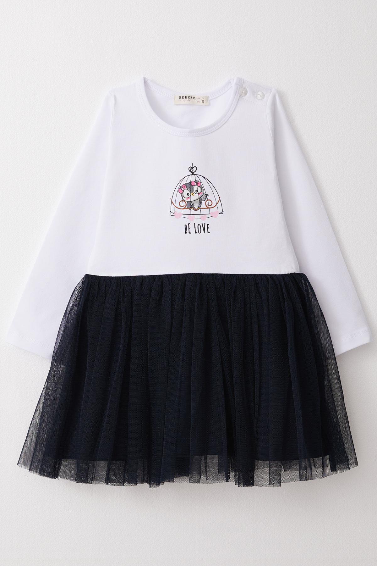 Breeze Kız Çocuk Uzun Kollu Elbise Fiyonklu Sevimli Baykuş Baskılı Beyaz (1.5-5 Yaş)