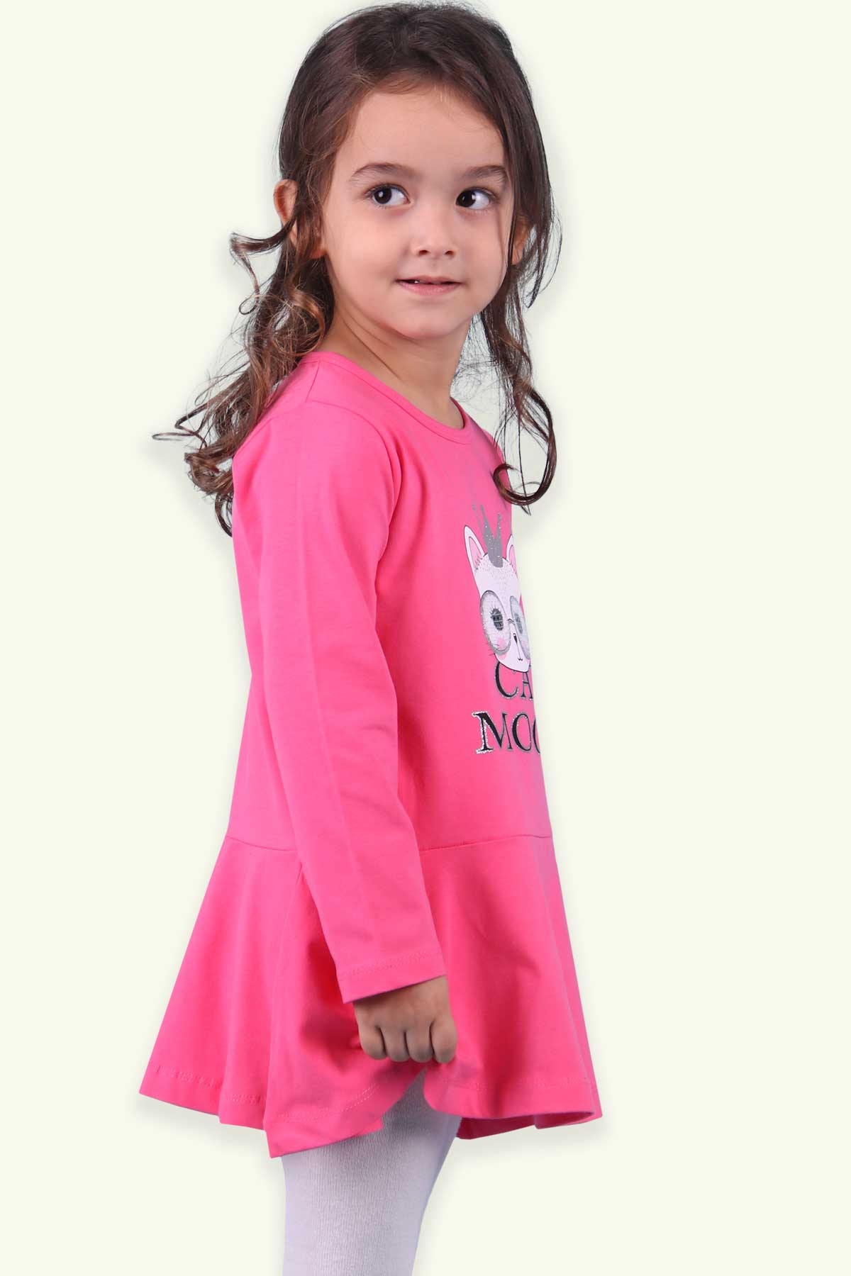 Breeze Kız Çocuk Uzun Kollu Elbise Gözlüklü Kedi Baskılı Pembe (1.5-5 Yaş)