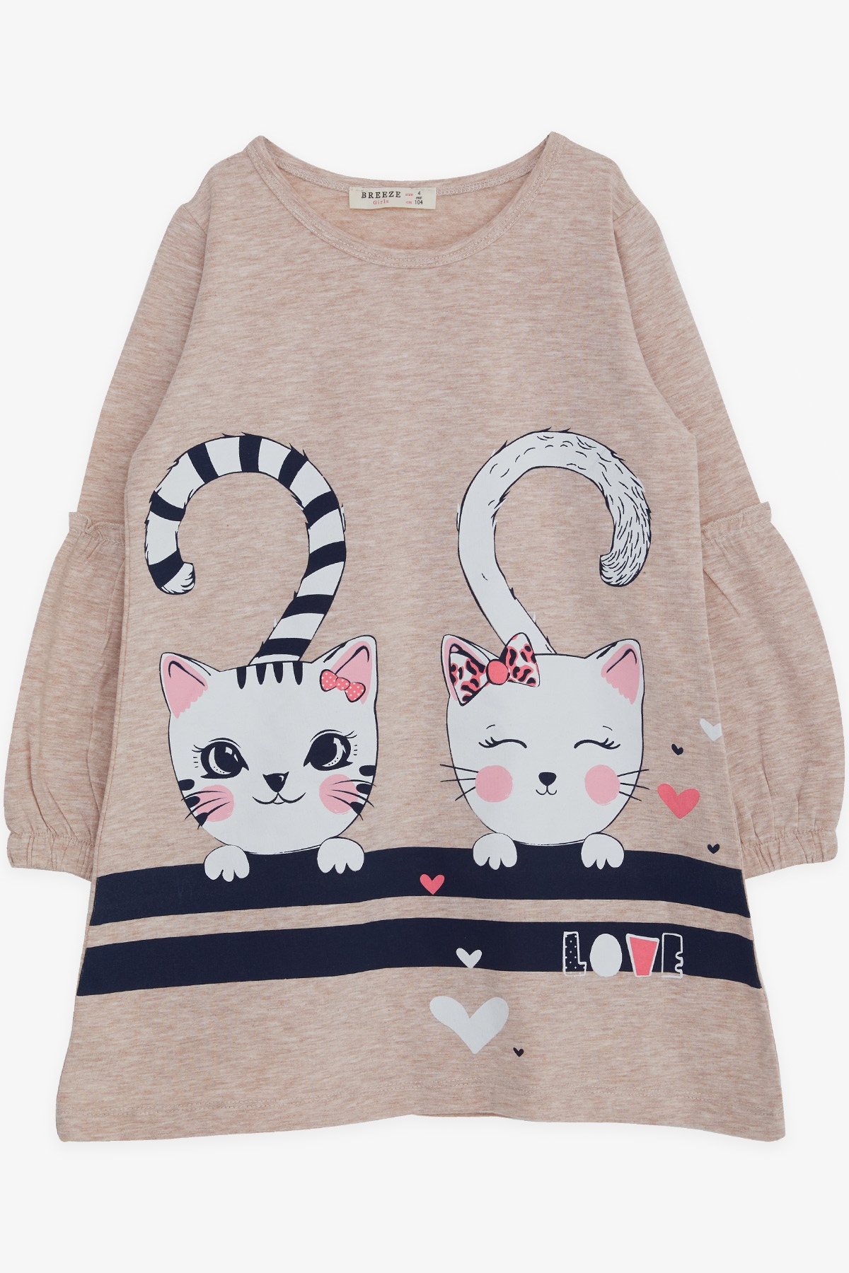 Breeze Kız Çocuk Uzun Kollu Elbise Kedi Baskılı Bej Melanj (5-8 Yaş)