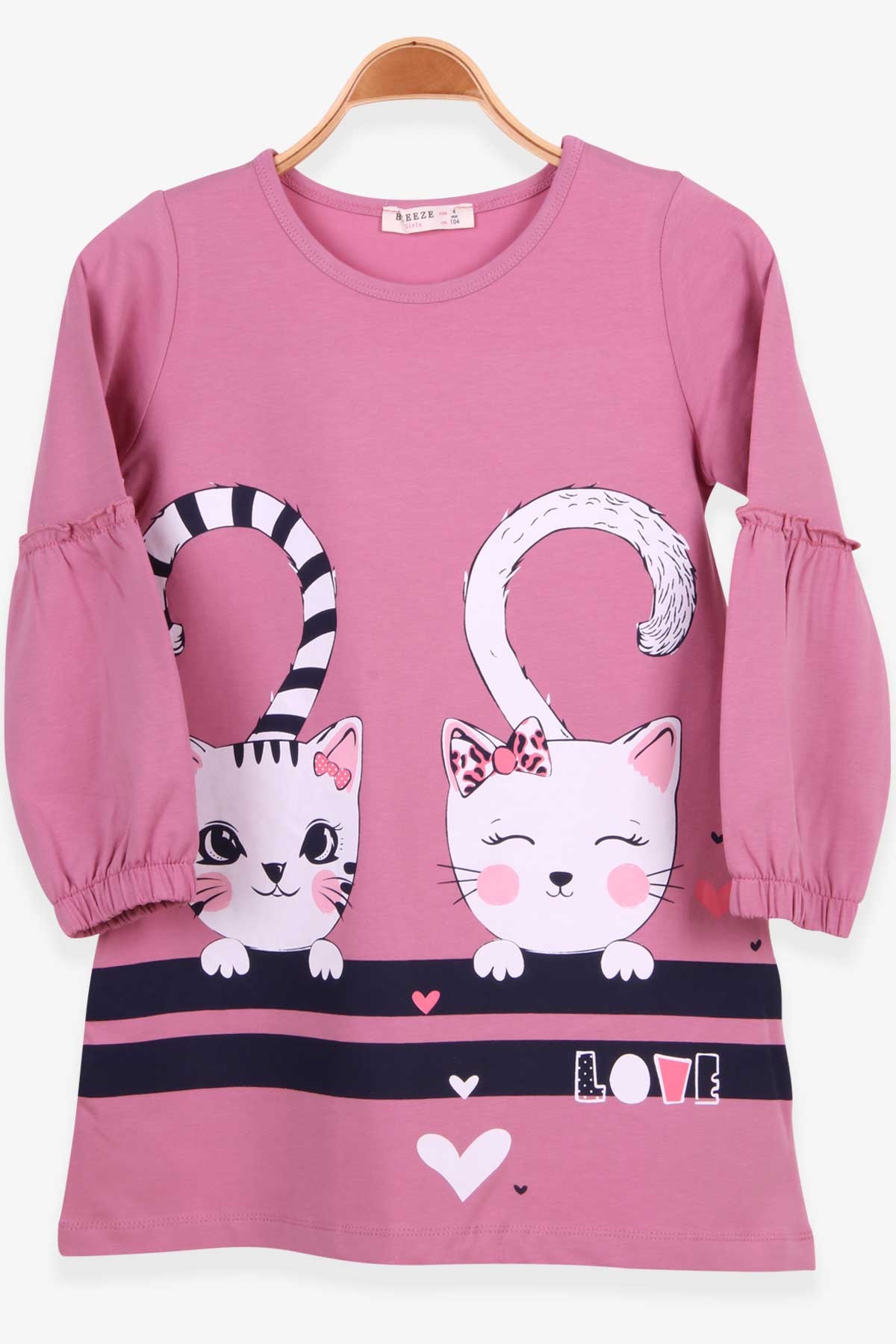 Breeze Kız Çocuk Uzun Kollu Elbise Kedi Baskılı Gülkurusu (4-8 Yaş)
