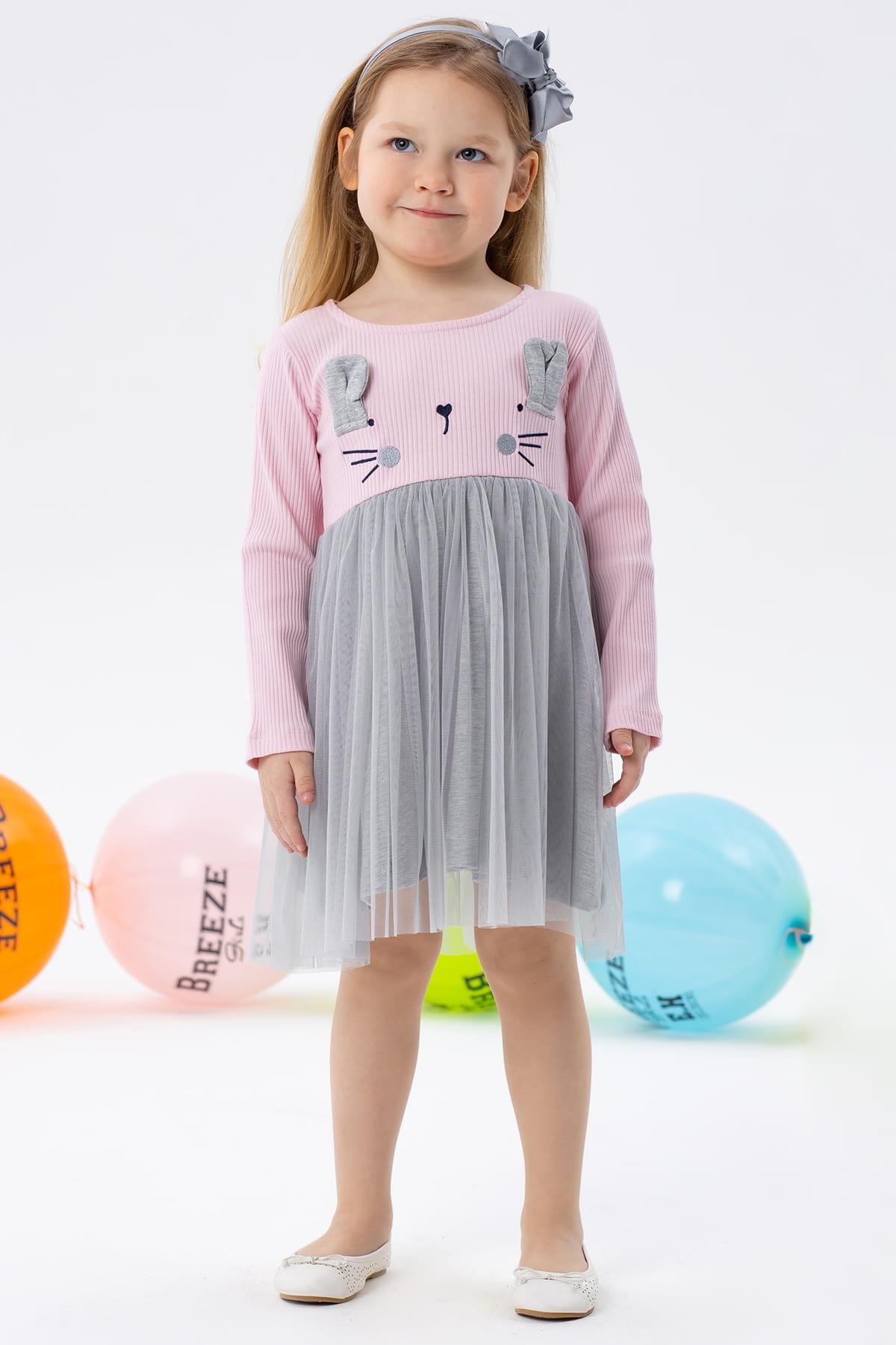 Kız Çocuk Uzun Kollu Elbise Kedicik Nakışlı Pembe 1.5-5 Yaş - Kışlık  Baharlık Elbiseler | Breeze