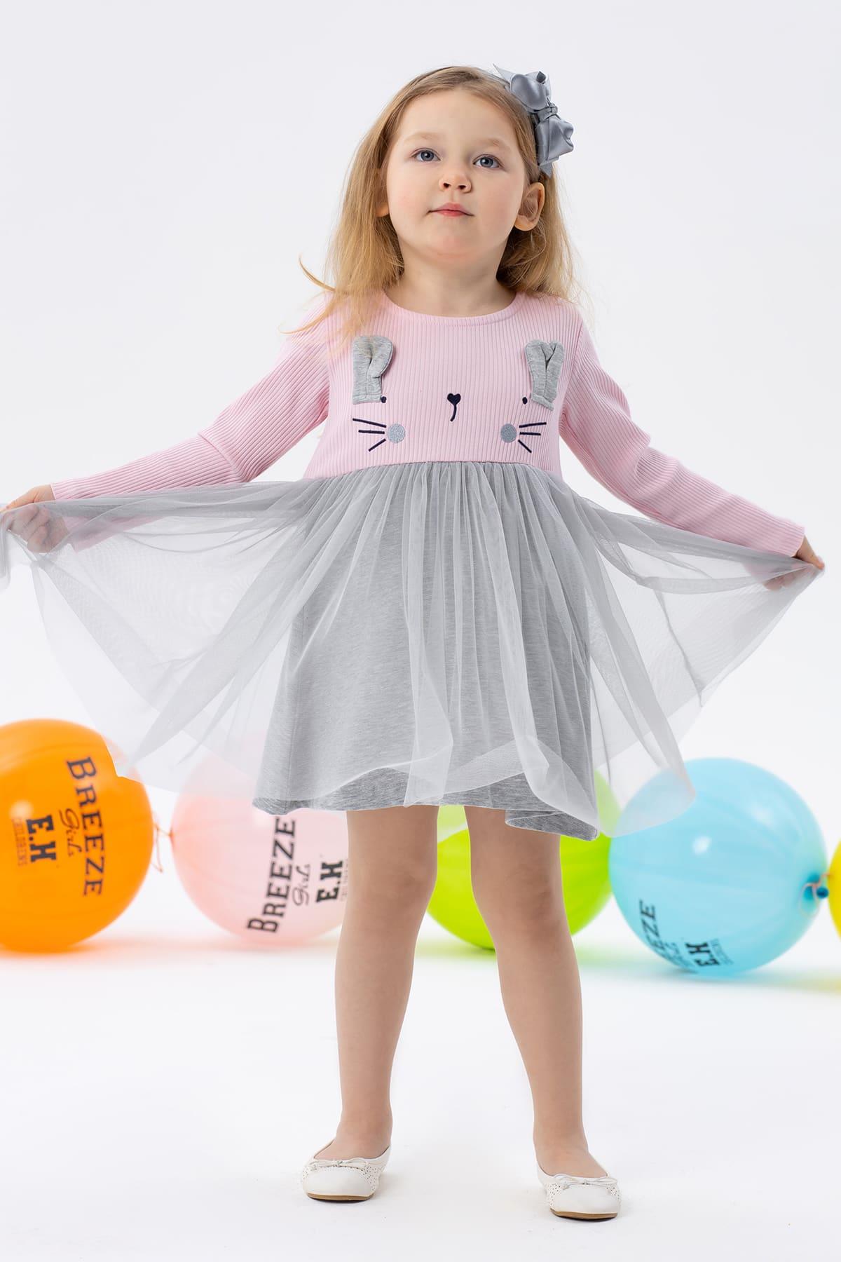 Kız Çocuk Uzun Kollu Elbise Kedicik Nakışlı Pembe 1.5-5 Yaş - Kışlık  Baharlık Elbiseler | Breeze