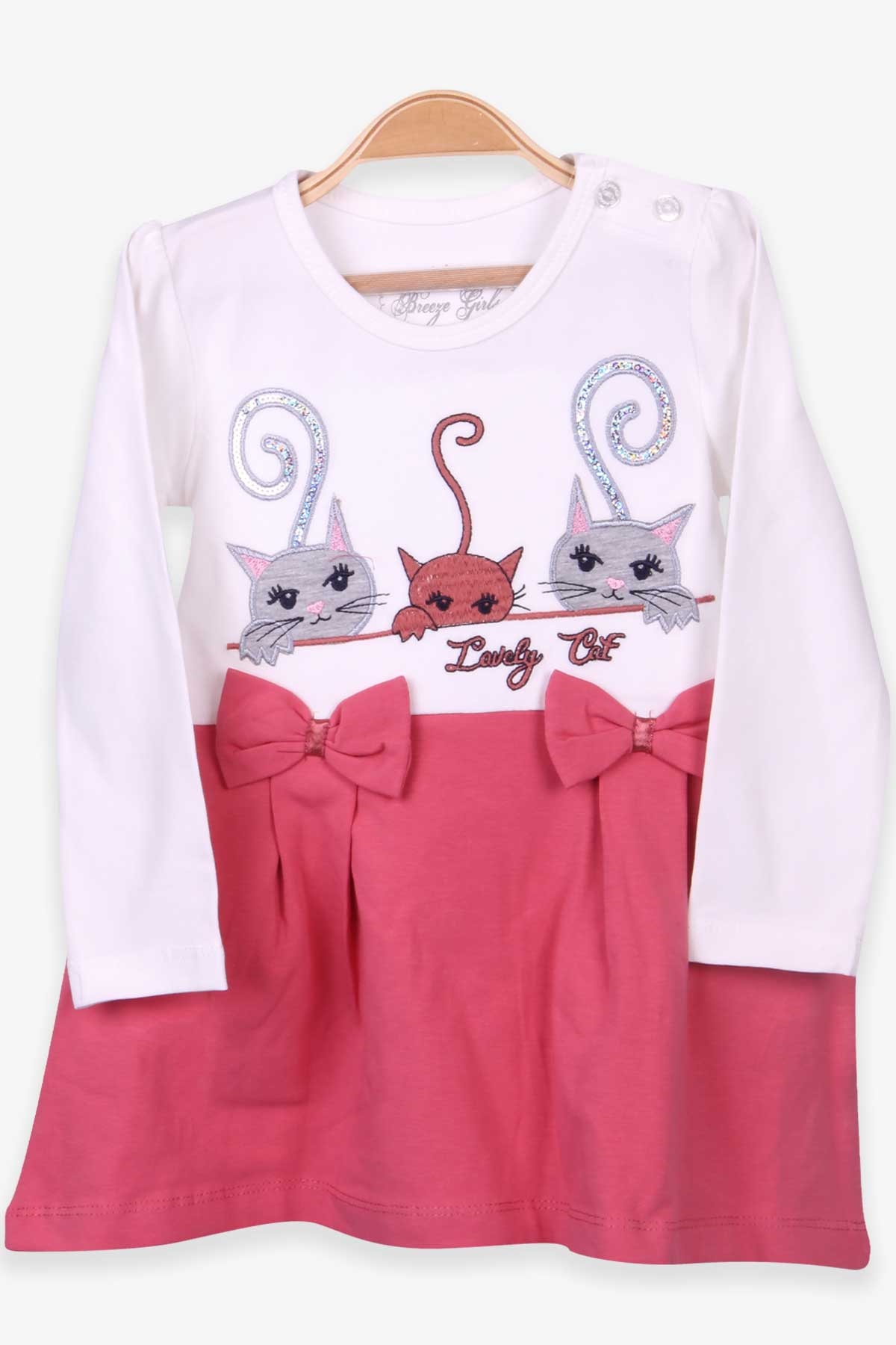 Breeze Kız Çocuk Uzun Kollu Elbise Kedi Nakışlı Ekru (1.5-5 Yaş)