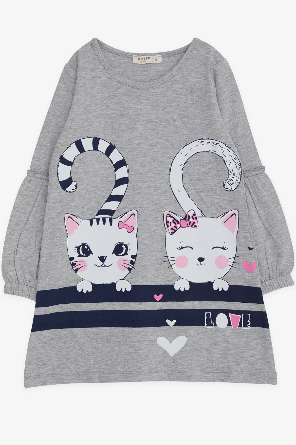 Breeze Kız Çocuk Uzun Kollu Elbise Kedi Baskılı Gri Melanj (4-8 Yaş)