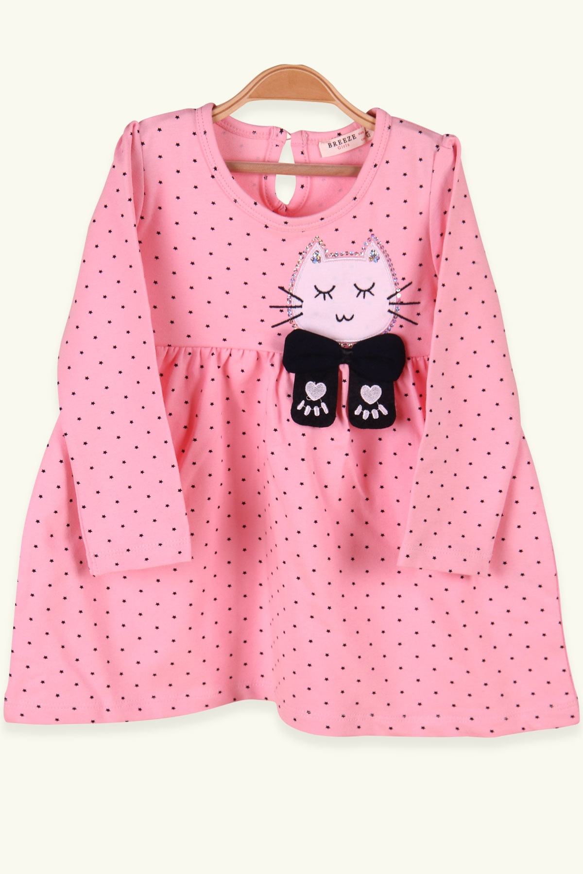 Breeze Kız Çocuk Uzun Kollu Elbise Kedi Nakışlı Fiyonklu Pudra (2-6 Yaş)