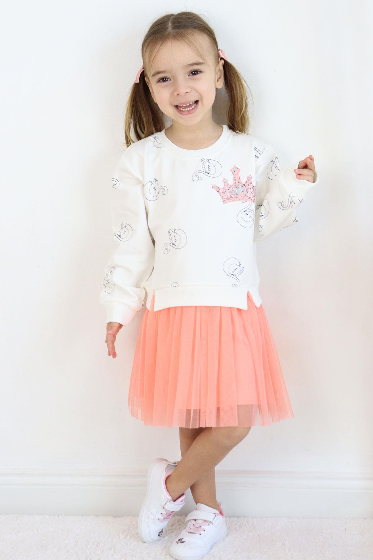 Breeze Kız Çocuk Uzun Kollu Elbise Kuğu Desenli Simli Taç Baskılı Ekru (1.5-3 Yaş)