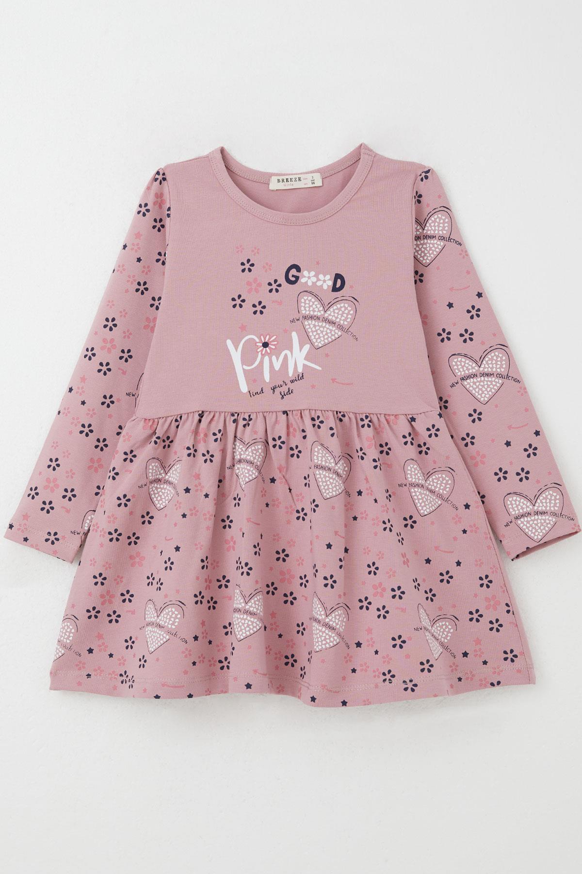 Breeze Kız Çocuk Uzun Kollu Elbise Moda Temalı Çiçek Desenli Gülkurusu (3-7 Yaş)