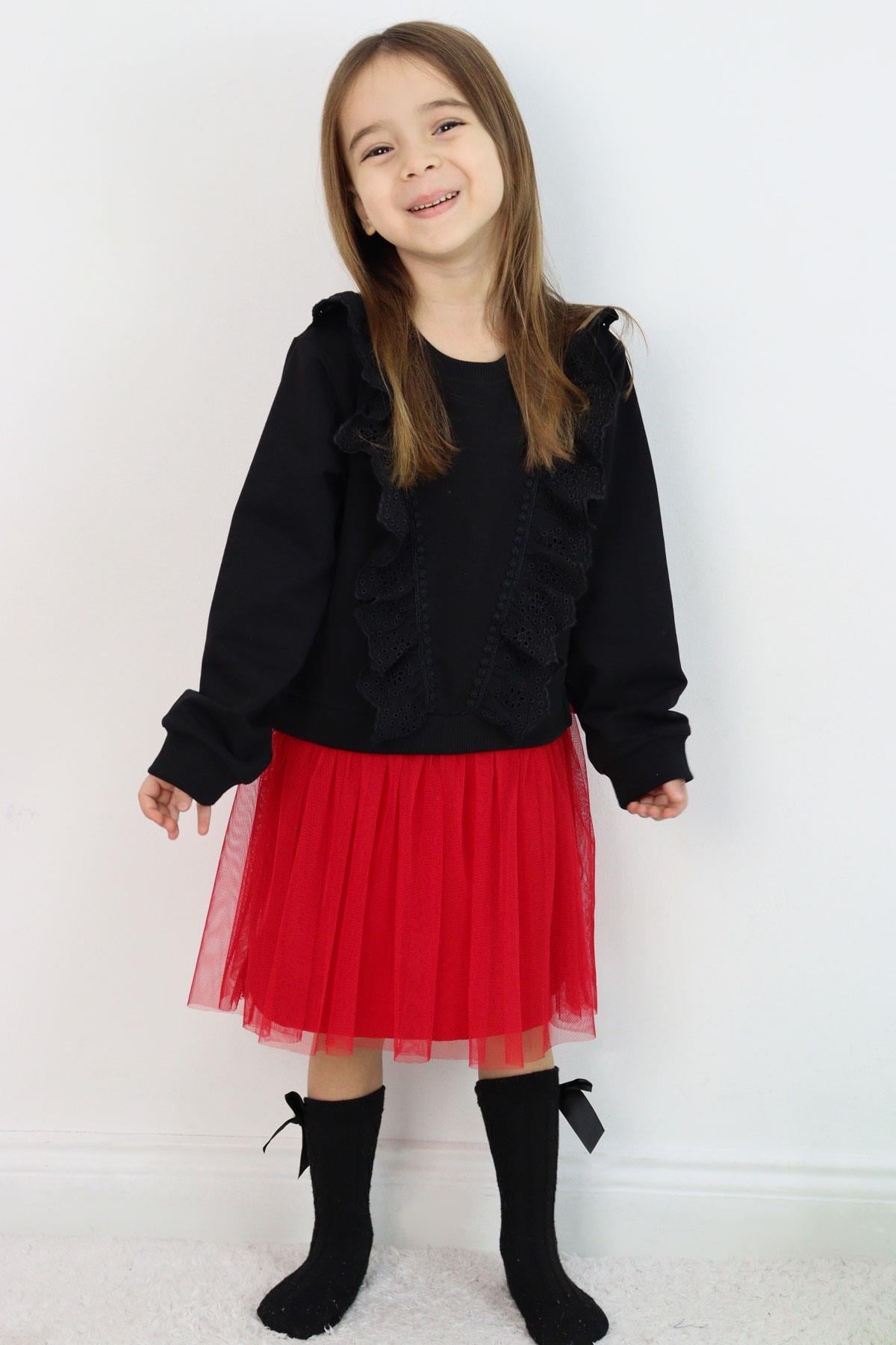 Breeze Kız Çocuk Uzun Kollu Elbise Nakış Güpürlü Tüllü Siyah (3-8 Yaş)