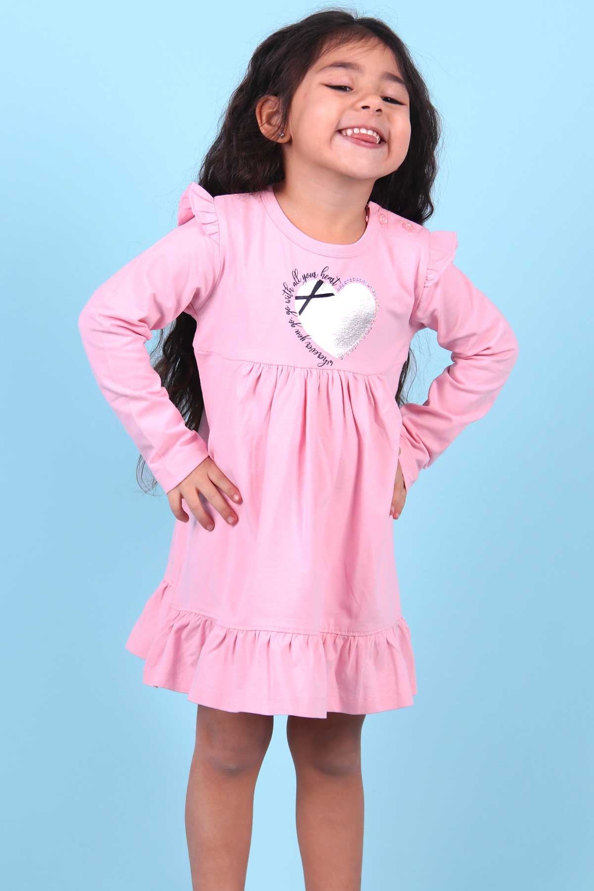 Breeze Kız Çocuk Uzun Kollu Elbise Parlak Kalp Baskılı Pudra (1.5-5 Yaş)