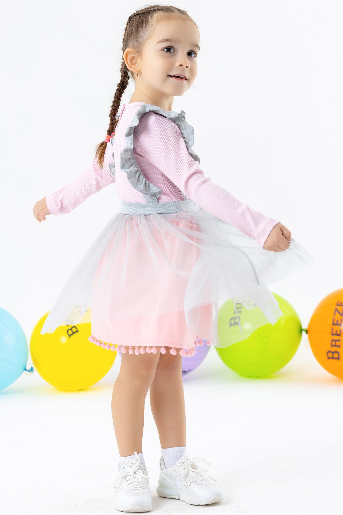 Kız Çocuk Uzun Kollu Elbise Ponponlu Tüllü Pudra 1.5-5 Yaş - Kışlık  Baharlık Elbiseler | Breeze