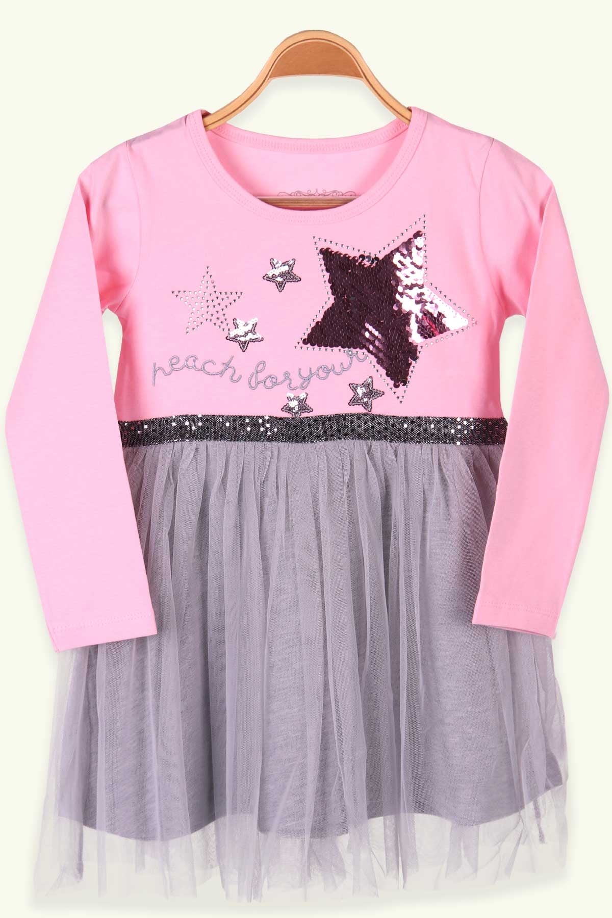 Breeze Kız Çocuk Uzun Kollu Elbise Pullu Yıldızlı Pudra (5-10 Yaş)